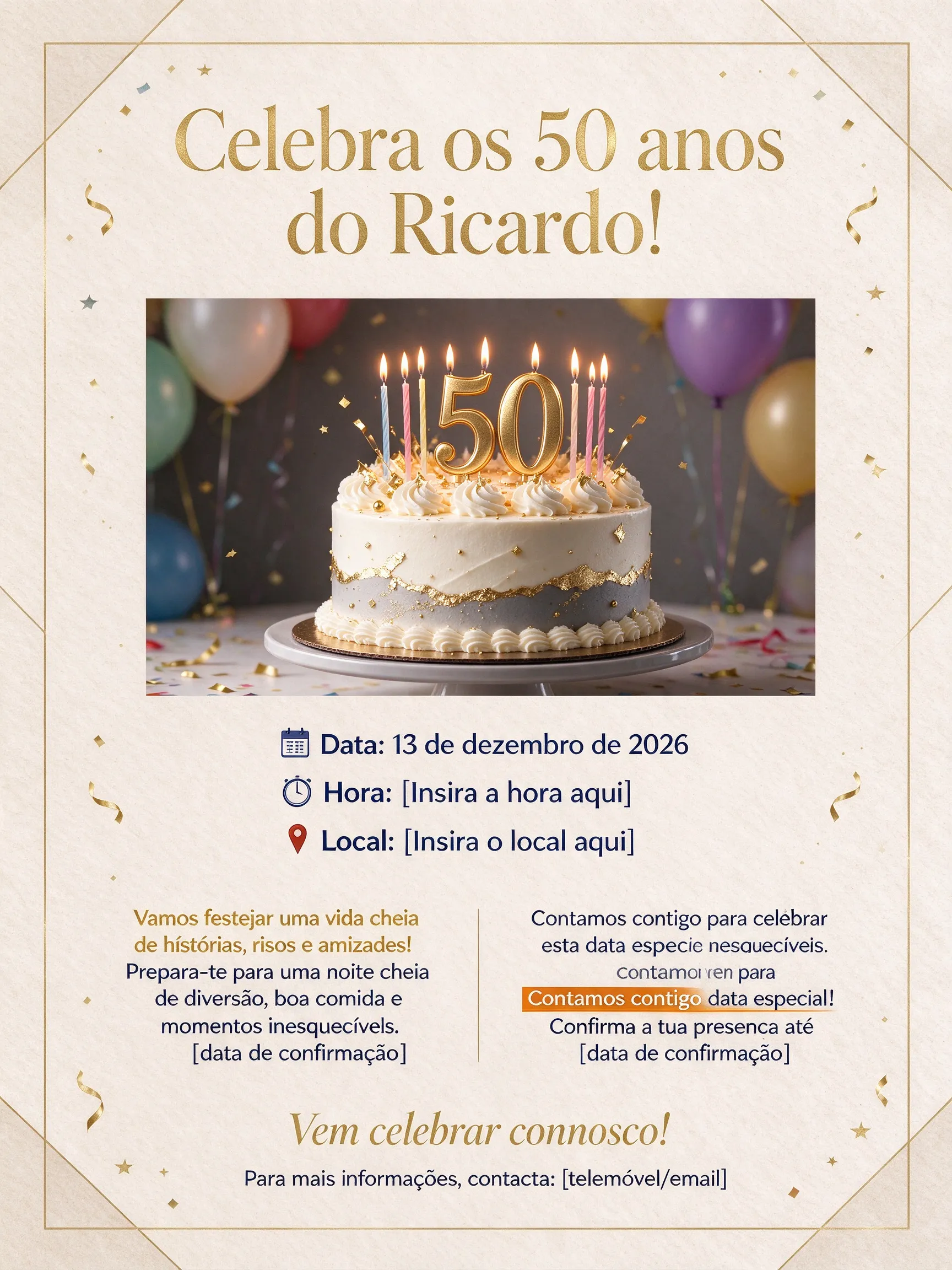 Flyer de Celebração dos 50 Anos do Ricardo Imagem de Fundo ou Elementos Decorativos (para usar na sua plataforma) Fundo com confetes ou balões coloridos Imagem de bolo de aniversário, balões ou festa (opcional) Elementos gráficos: confetes, estrelas, fitas coloridas Layout Textual [Topo do Flyer - Título em destaque] 🎉 Celebra os 50 anos do Ricardo! 🎉 (Fonte grande, bold, com cores vibrantes: dourado, azul royal ou vermelho) [Imagem central ou destaque visual] Uma foto do Ricardo ou uma ilustração festiva Se desejar, adicione uma moldura ou destaque com brilho ou confete [Informações principais] 📅 Data: 13 de dezembro de 2026 🕒 Hora: [Insira a hora aqui] 📍 Local: [Insira o local aqui] [Texto de convite] Vamos festejar uma vida cheia de histórias, risos e amizades! Prepara-te para uma noite cheia de diversão, boa comida e momentos inesquecíveis. Contamos contigo para celebrar esta data especial! Confirma a tua presença até [data de confirmação]. (Use uma cor de destaque, como dourado ou laranja, para essa mensagem) [Rodapé - Contato e convite final] Vem celebrar connosco! Para mais informações, contacta: [telemóvel/email] Sugestões de cores e fontes Elemento Cor Fonte Observações Título Dourado ou vermelho vibrante Montserrat Bold / Poppins Bold Grande e chamativo Texto de informações Preto ou azul escuro Arial ou Poppins Regular Claridade para leitura Destaques Laranja ou dourado Poppins SemiBold Para chamadas à ação Instruções para montar no Canva ou similar: Crie uma nova tela com o tamanho desejado (por exemplo, A4 ou A5). Escolha um fundo festivo (confetes, balões ou uma cor sólida vibrante). Insira um retângulo ou espaço no topo para o título, usando uma cor contraste. Coloque o título com a frase do topo e ajuste em uma fonte grande e alegre. Adicione uma imagem ou ilustração central relacionada à celebração. Abaixo, insira os detalhes (data, hora, local) em uma fonte de fácil leitura. Insira o texto do convite, destacando com cores vivas. No rodapé, colo