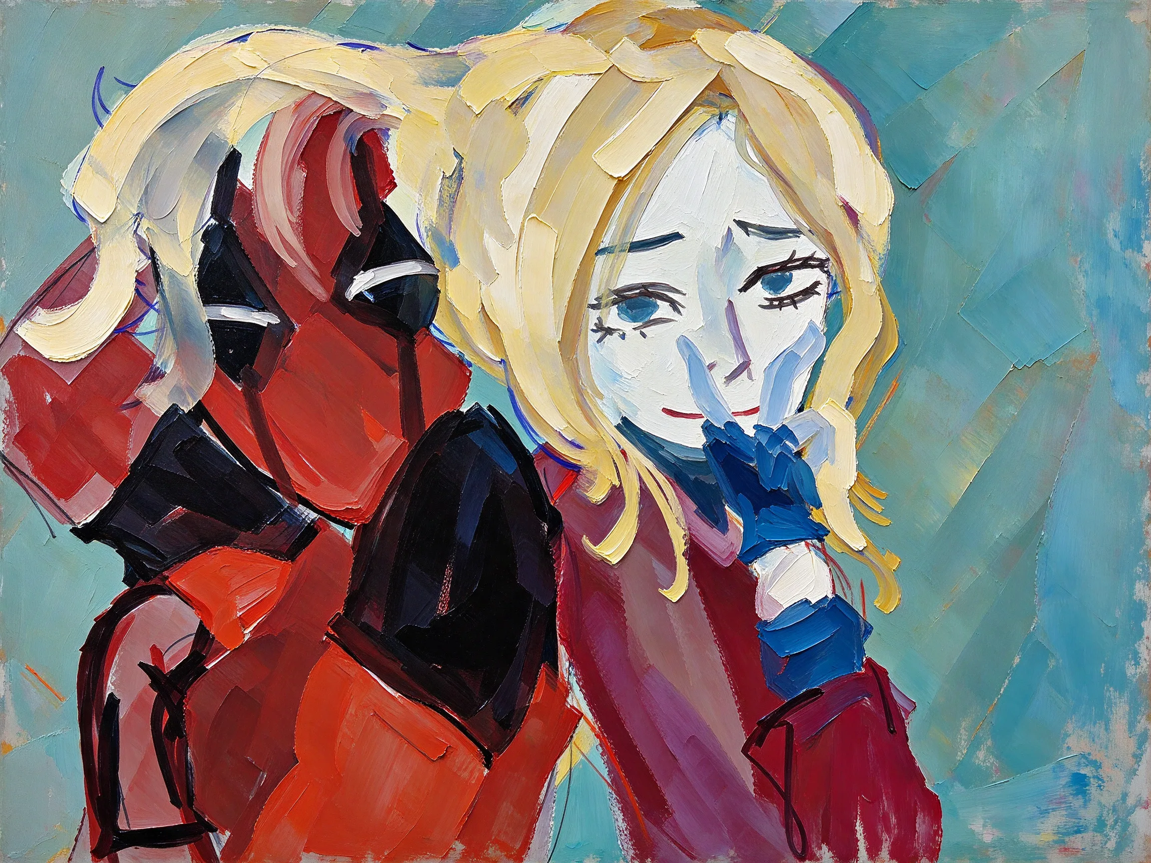 Transform this portrait into a high-end, heavily textured palette-knife abstract oil painting. Reinterpret the source subject not as a photo, but through bold masses of thick, layered impasto paint and energetic color-block collisions. The brushstrokes must be incredibly distinct and chaotic, with raw, scraped edges defining the silhouette cues and emotional energy. While fine facial details are gone, the core posture, emotional tone, and spiritual essence must remain perceptible through the massive paint movement. Render the background with the same thick, painterly language to create a unified, visually heavy, and emotionally charged abstract masterpiece.