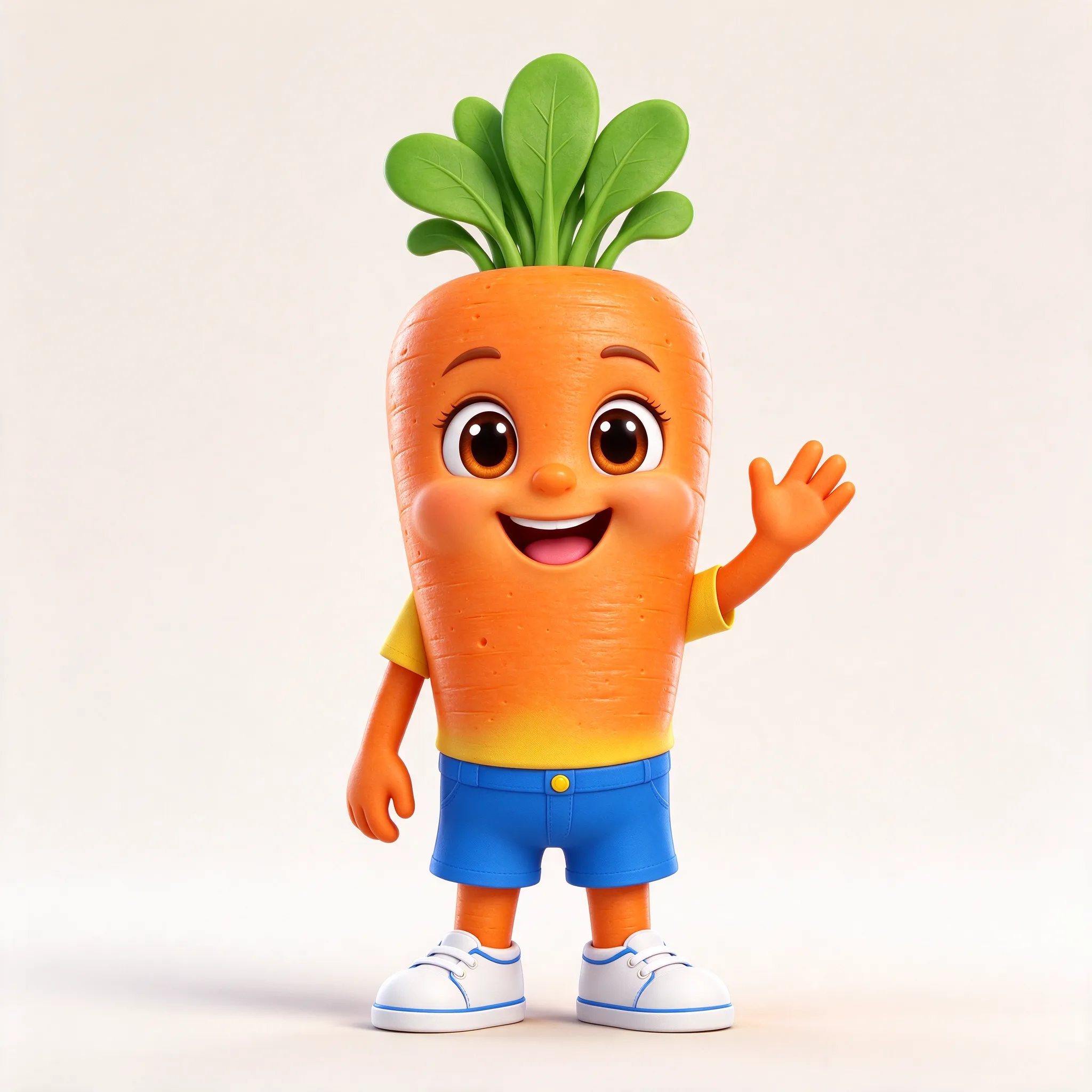 A cute anthropomorphic carrot character named Chintu, bright orange carrot body, small green leafy hair on top, big expressive brown eyes, cute smiling face, tiny arms and legs, wearing a small yellow shirt and blue shorts, cheerful and energetic personality, standing upright, 3D animated cartoon style, colorful, adorable, children's storybook character, soft lighting, high detail.