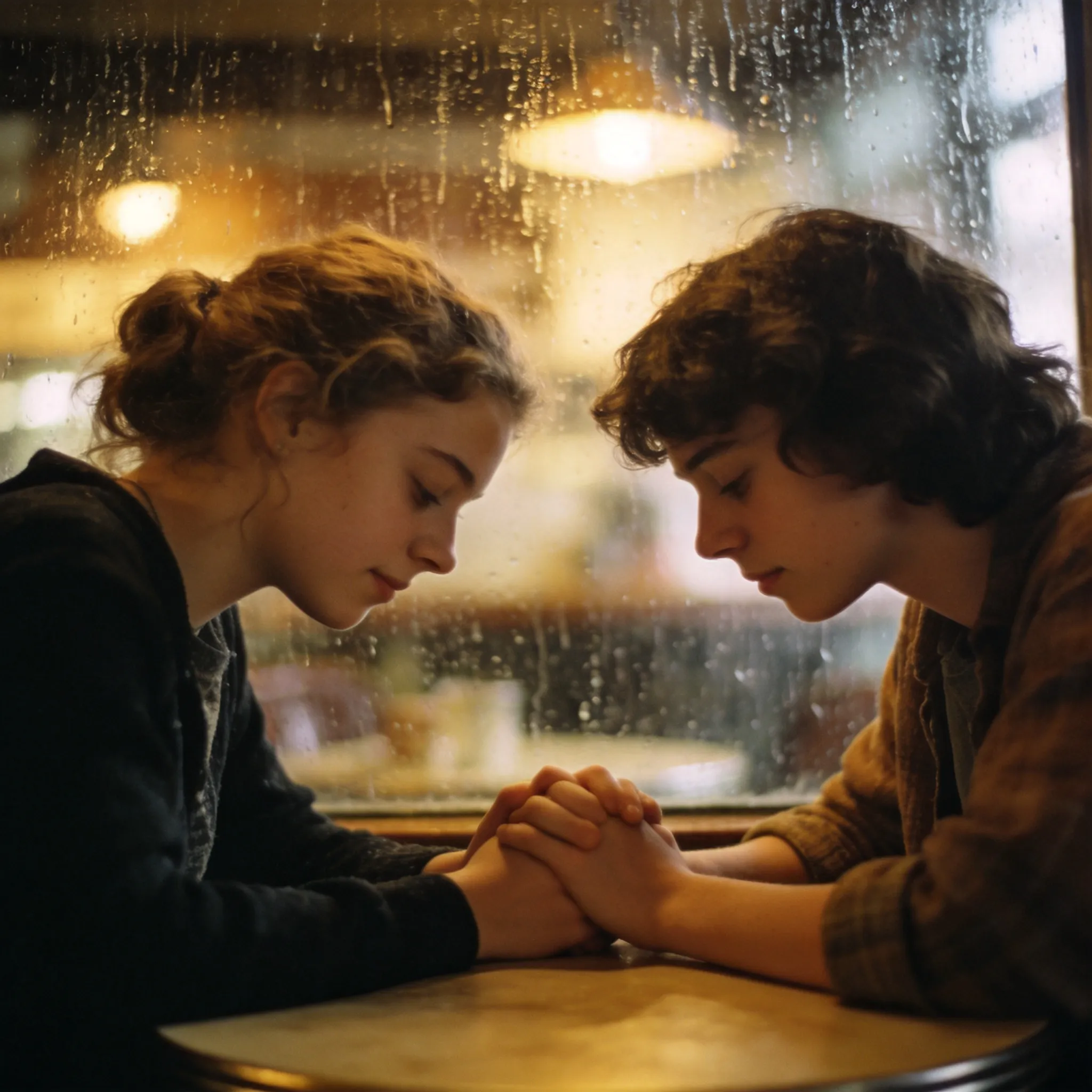 Two friends sitting in a rainy café, warm indoor lighting, emotional atmosphere, cinematic depth of field, realistic human interaction, subtle facial expressions, 35mm photography style