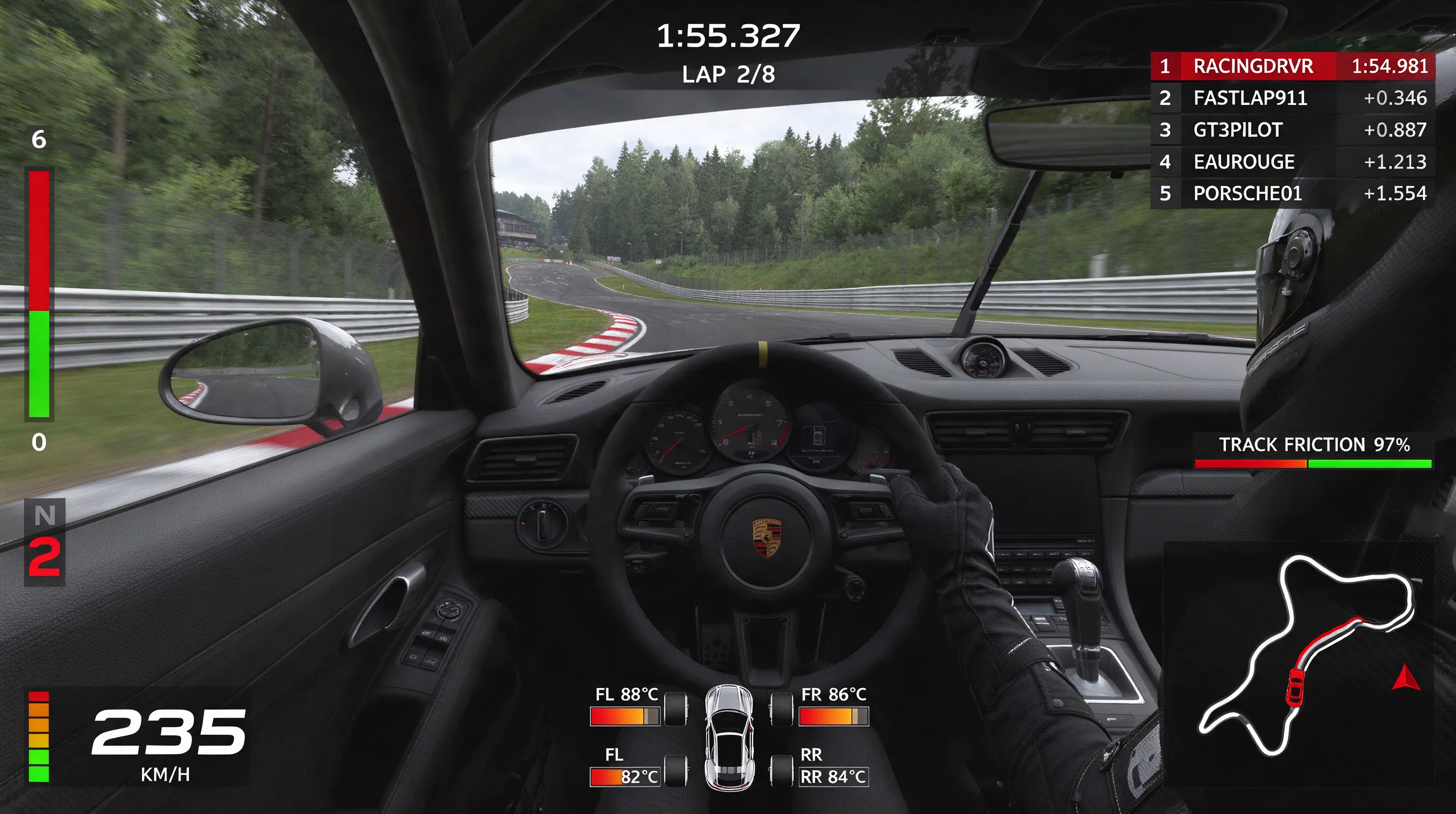 Assetto Corsa gameplay screenshot, Porsche 911 GT3 R racing at Spa-Francorchamps through Eau Rouge, cockpit view, with full racing HUD UI overlay: speedometer, gear indicator, rev bar, minimap, lap timer, tire temperature widget, position leaderboard, photorealistic sim racing graphics, motion blur, 4K