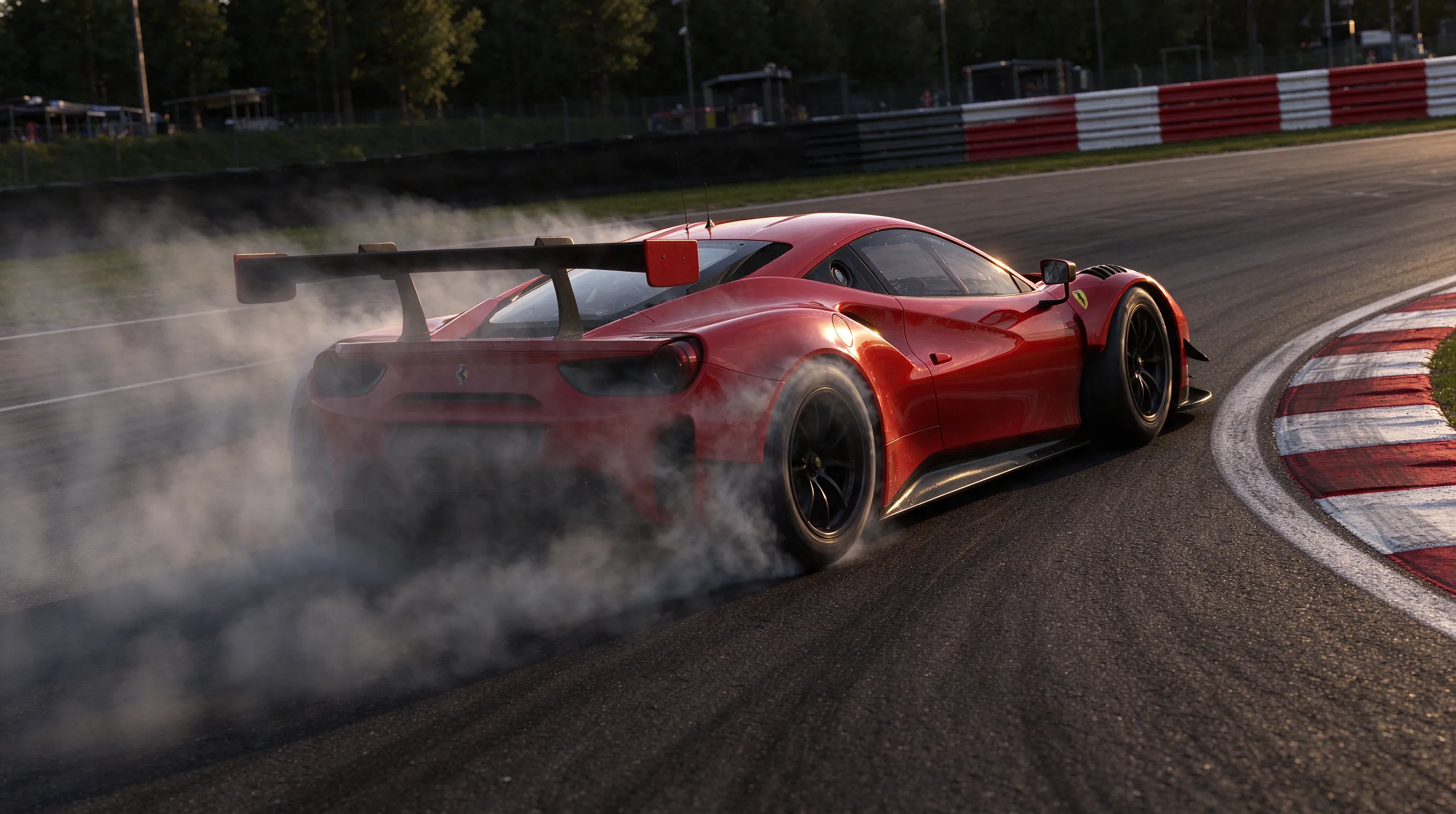 Assetto Corsa cinematic screenshot, Ferrari 488 GT3 drifting through a corner at Nürburgring GP, chase camera, no UI, realistic lighting, tire smoke, detailed car model, high downforce aero, sim racing photography style, ultra detailed, 4K