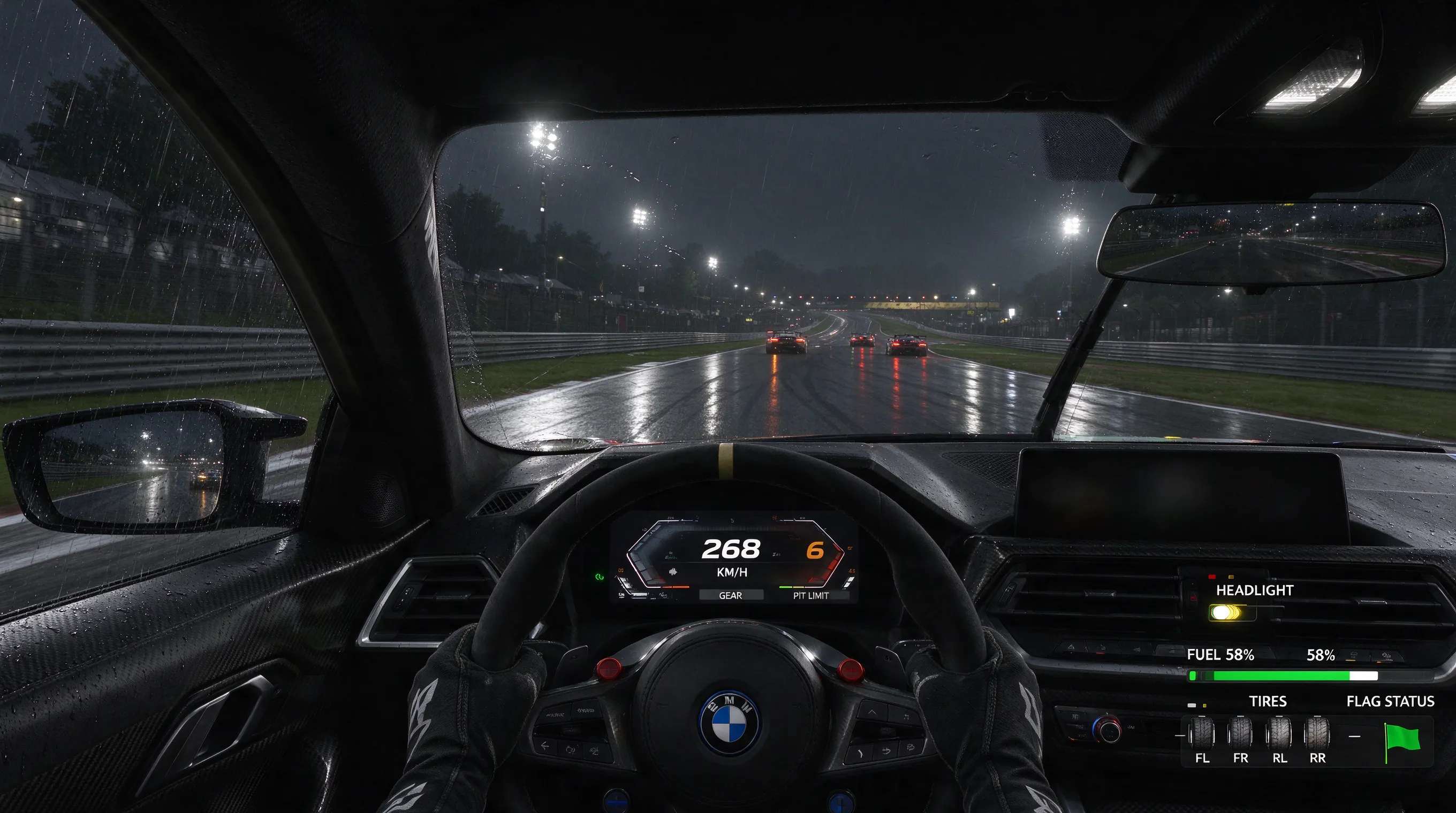 Assetto Corsa night race screenshot, BMW M4 GT3 at Le Mans Circuit de la Sarthe, cockpit view, with racing UI: digital dashboard, headlight indicator, fuel gauge, tire wear icons, flag status, rain droplets on windshield, wet track reflections, photorealistic, 4K