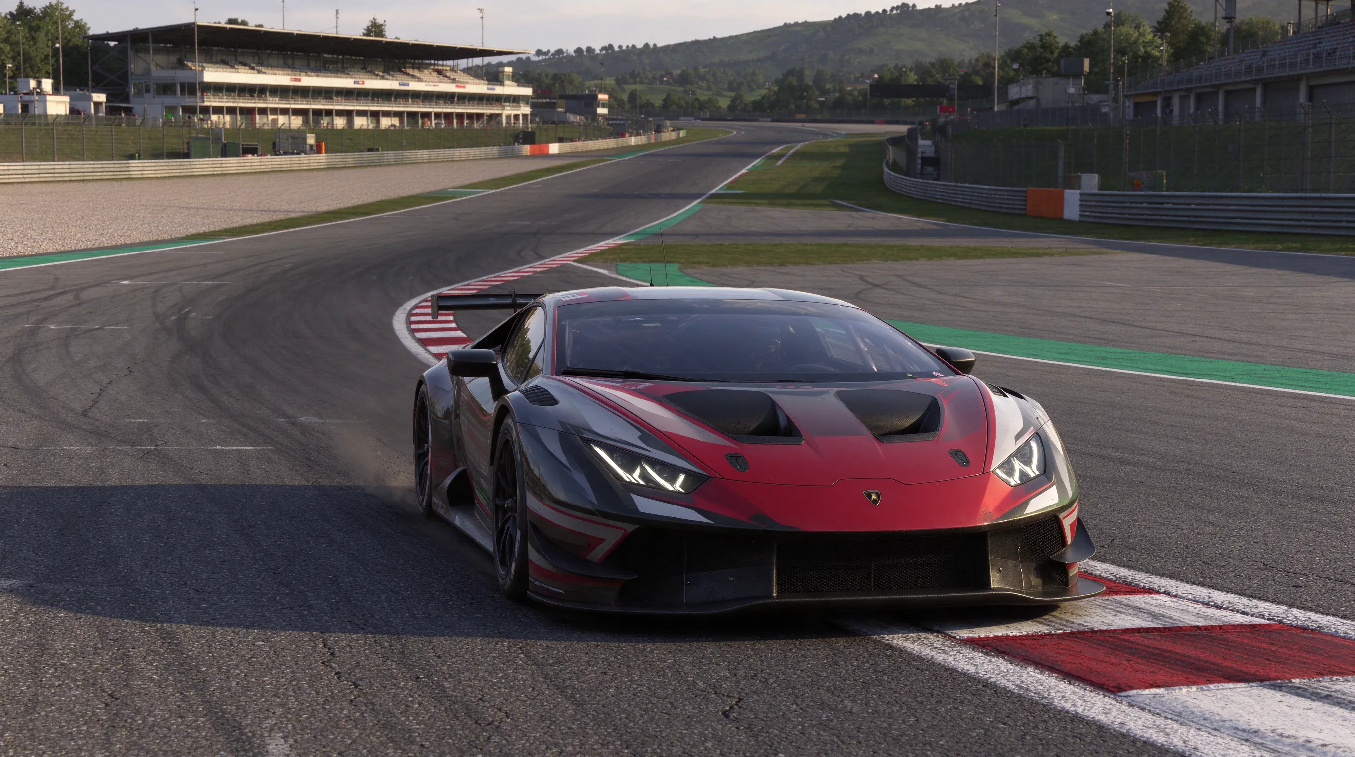 Assetto Corsa screenshot, Lamborghini Huracán GT3 EVO2 at Imola, front bumper camera view, no UI, aggressive racing lines, kerb riding, detailed track surface, realistic shadows, sim racing screenshot, ultra high detail, 4K