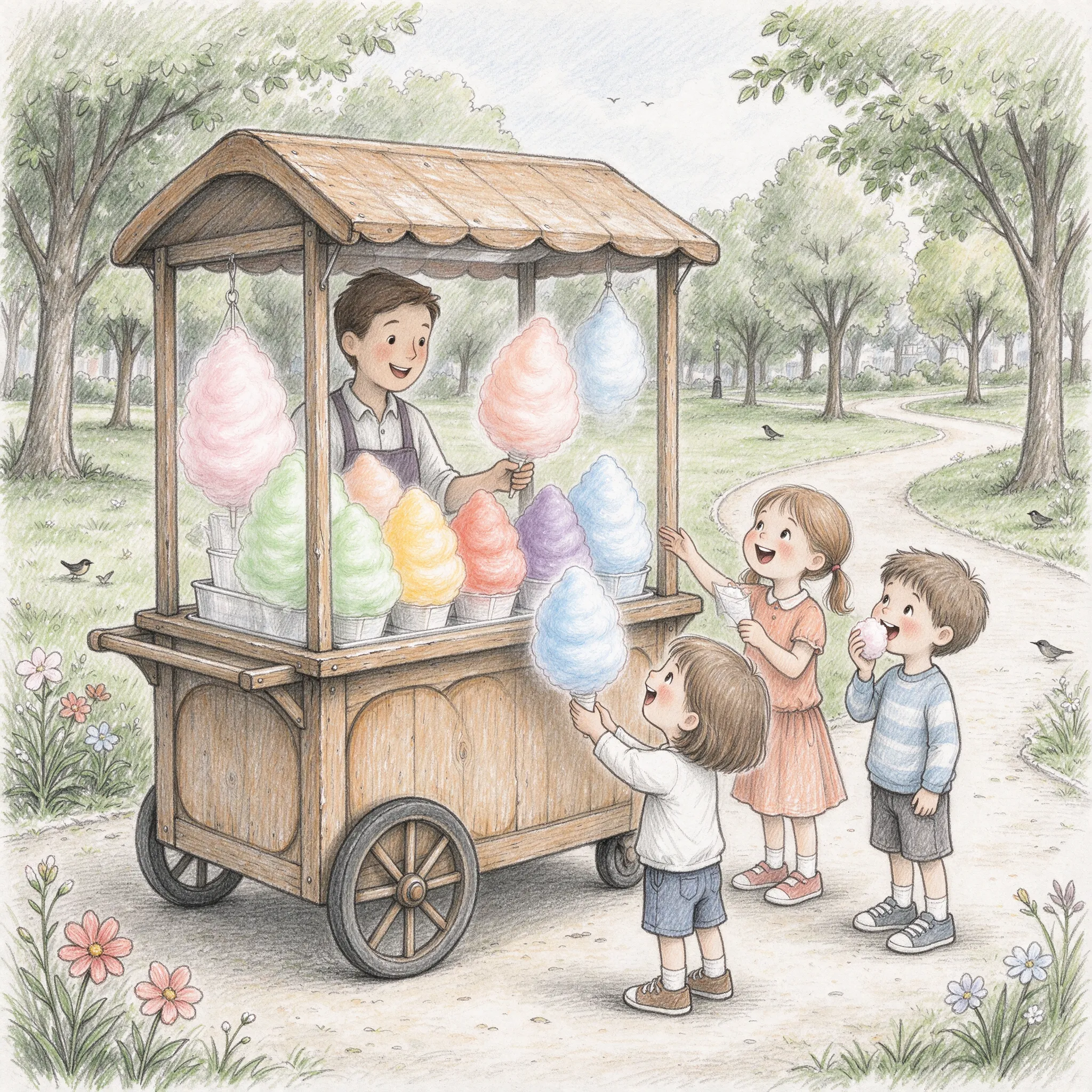 Wooden cart selling cotton candy clouds in seasonal colors, happy children, soft pencil strokes