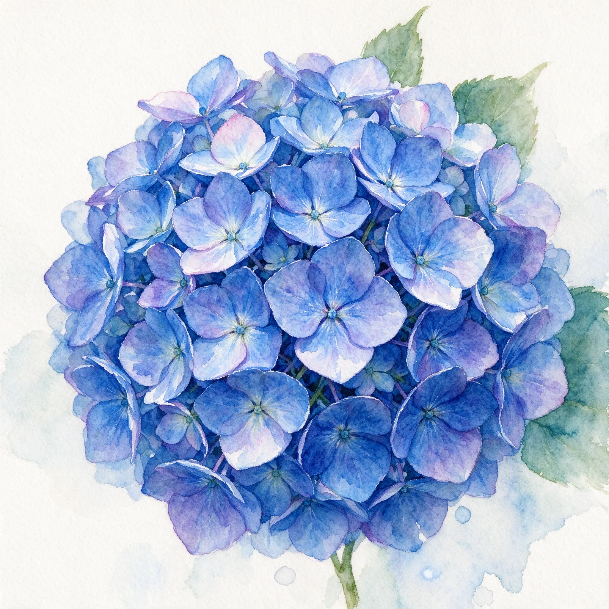Hydrangea close-up, wet watercolor technique, natural blue-purple bleeding, translucent petal effects, paint buildup details
