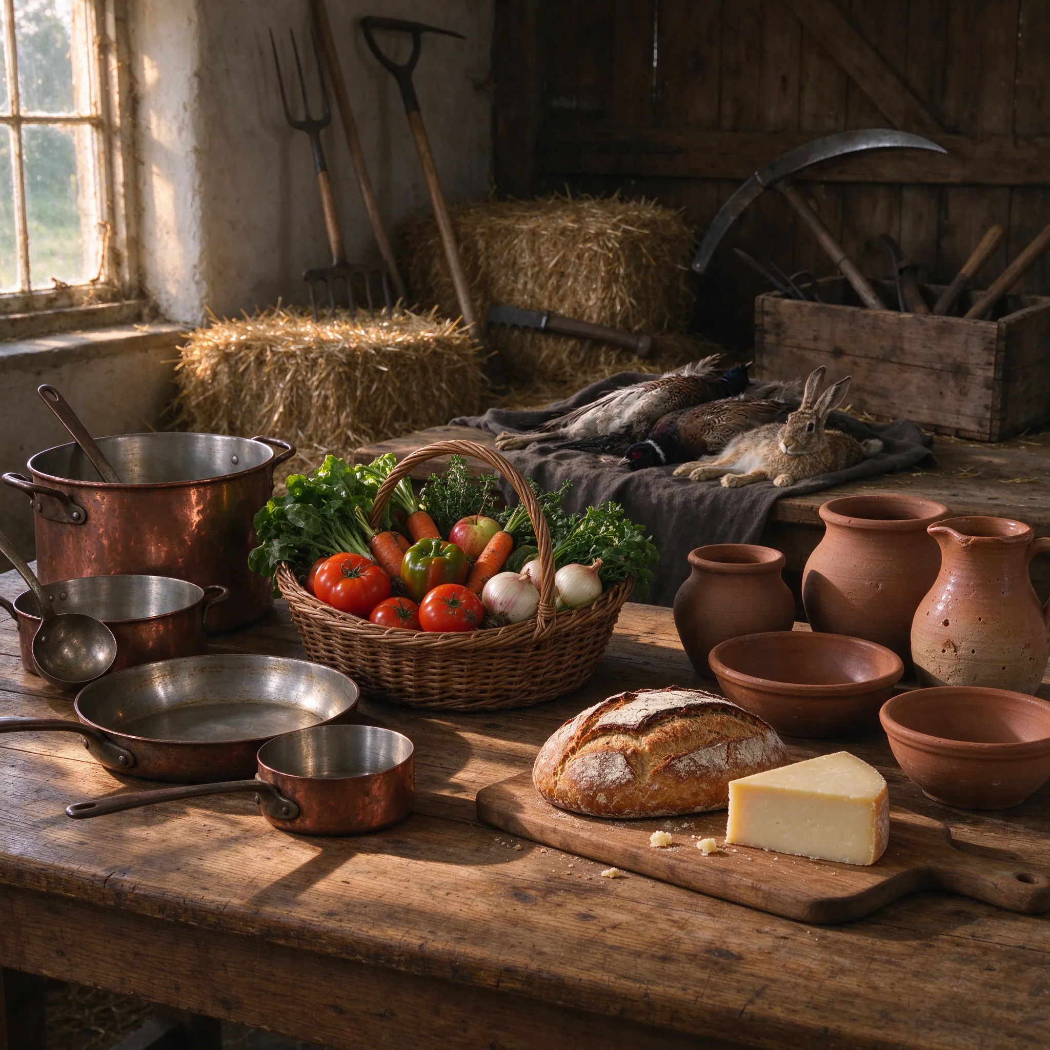 Copper kitchenware, fresh produce basket, rustic bread, farmhouse cheese, clay pots, oak table, morning light, hay bales, game, farming tools