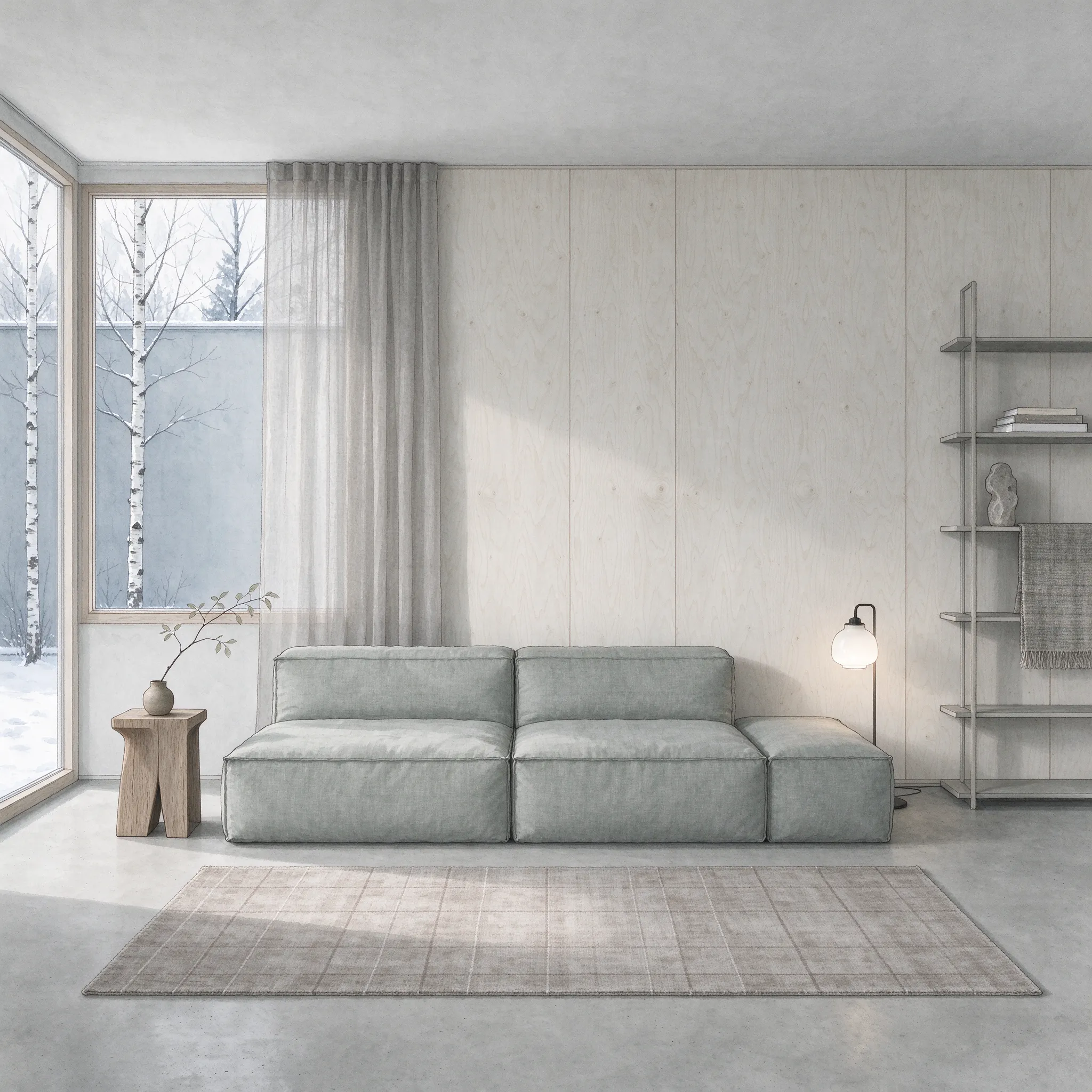 Desaturated illustration of Scandinavian minimalist interior