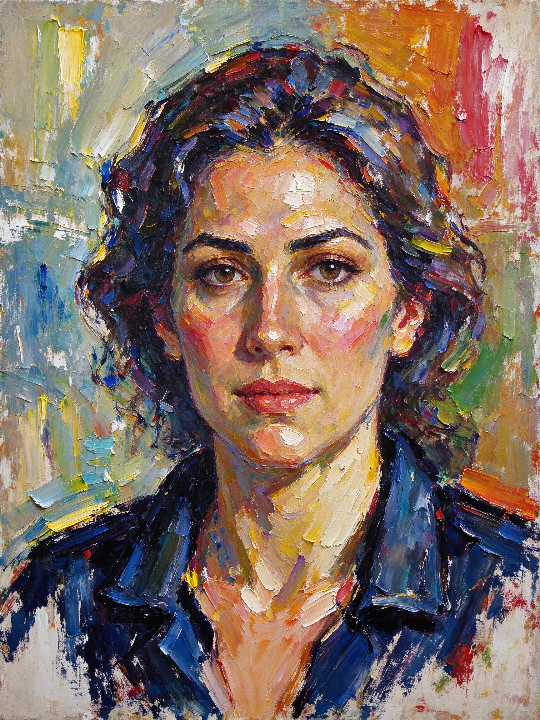 Transform this portrait into a high-end, heavily textured palette-knife abstract oil painting. Reinterpret the source subject not as a photo, but through bold masses of thick, layered impasto paint and energetic color-block collisions. The brushstrokes must be incredibly distinct and chaotic, with raw, scraped edges defining the silhouette cues and emotional energy. While fine facial details are gone, the core posture, emotional tone, and spiritual essence must remain perceptible through the massive paint movement. Render the background with the same thick, painterly language to create a unified, visually heavy, and emotionally charged abstract masterpiece.