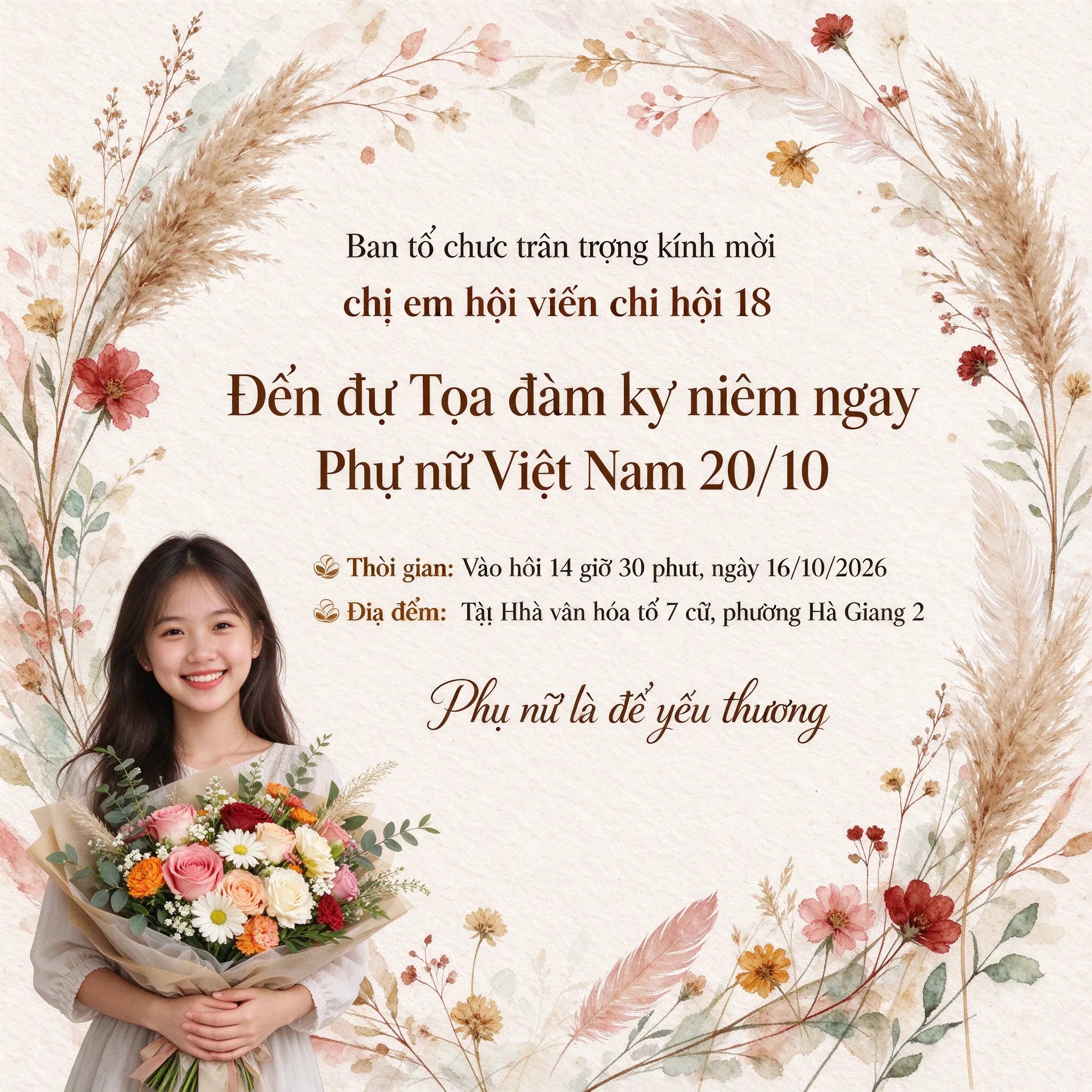 Tạo thiệp mời dự Tọa đàm kỷ niệm ngày Phụ nữ Việt Nam 20/10 Nội dung góc trên thiệp: Ban tổ chức trân trọng kính mời chị em hội viên chi hội 18 Đến dự Tọa đàm kỷ niệm ngày Phụ nữ Việt Nam 20/10 Thời gian: Vào hồi 14 giờ 30 phút, ngày 16/10/2026 Địa điểm: Tại Nhà văn hóa tổ 7 cũ, phường Hà Giang 2 Cuối thiệp có nội dung: Phụ nữ là để yêu thương Bố cục trang nhã, có khung viền hoa, góc trái cuối thiệp có tạo khuôn mặt cô gái cười tươi ôm bó hoa tươi thắm