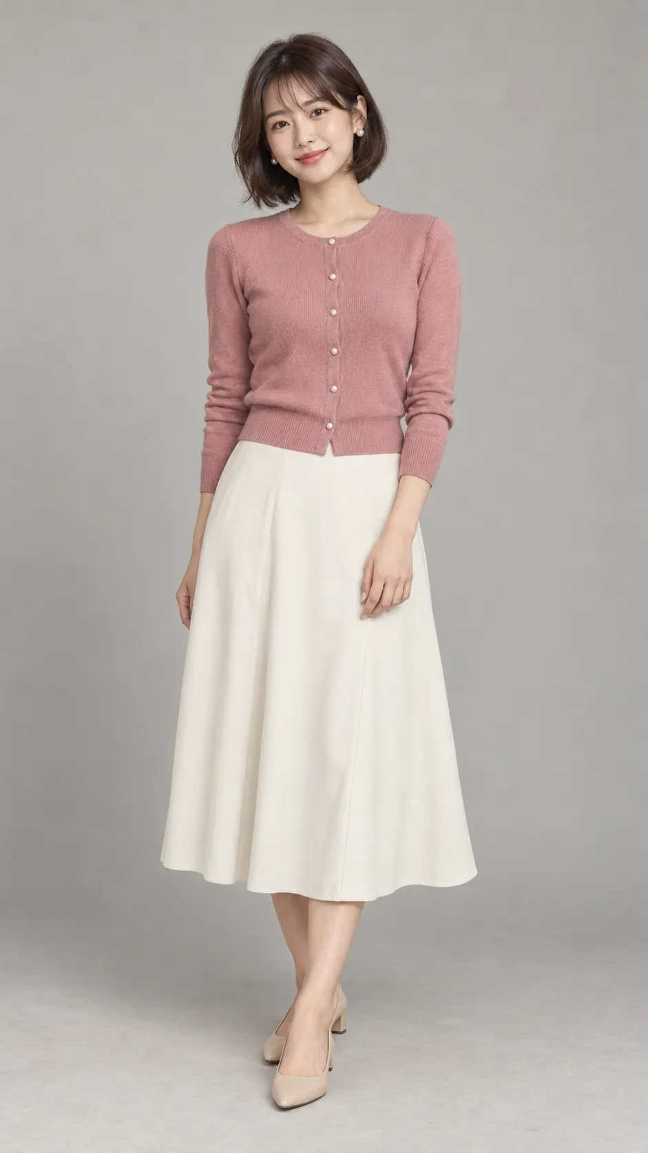 Generate a highly realistic full-body commercial fashion photograph of a 25-year-old East Asian woman, approximately 155 cm tall, with a petite frame, natural body proportions, warm light-beige skin, dark brown almond-shaped eyes, and a short dark-brown bob ending just below the jaw, with softly curved ends and wispy bangs. She wears a fitted dusty-rose knit cardigan, a high-waisted ivory A-line midi skirt, delicate pearl stud earrings, and beige low-heeled pumps. Her pose is relaxed and approachable, with a slight natural smile and one hand gently resting beside her hip. Her makeup is understated, with soft blush and natural lip color. Preserve realistic skin texture, individual hair strands, fine knit details, and believable clothing folds. Use a seamless warm light-gray background, soft frontal studio illumination with subtle side shadows, professional e-commerce fashion photography, natural perspective, accurate petite proportions, full head-to-toe framing with both shoes visible, vertical 9:16 aspect ratio. No text, no watermark, no distorted hands.