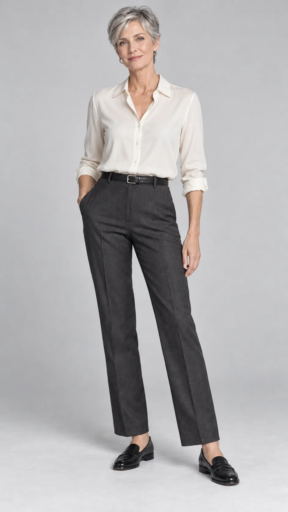 Generate a refined full-body commercial fashion photograph of a stylish 48-year-old French woman, approximately 169 cm tall, with a lean mature figure, fair skin, subtle expression lines around her eyes, gray-blue eyes, and a sophisticated short silver-gray pixie haircut with textured layers. She wears a tailored ivory blouse, charcoal high-waisted straight-leg trousers, a slim black belt, understated silver earrings, and polished black leather loafers. Her posture is relaxed and self-assured, with one hand resting naturally near her trouser pocket. Avoid making her appear artificially youthful; preserve realistic mature facial structure and skin texture. Minimal light-gray studio background, soft flattering diffused lighting, subtle contact shadows, crisp tailoring, natural fabric creases, elegant French minimalist catalog aesthetic, realistic hands and body proportions, full-length head-to-toe framing, vertical 9:16 image. No text, no watermark, no excessive skin smoothing.