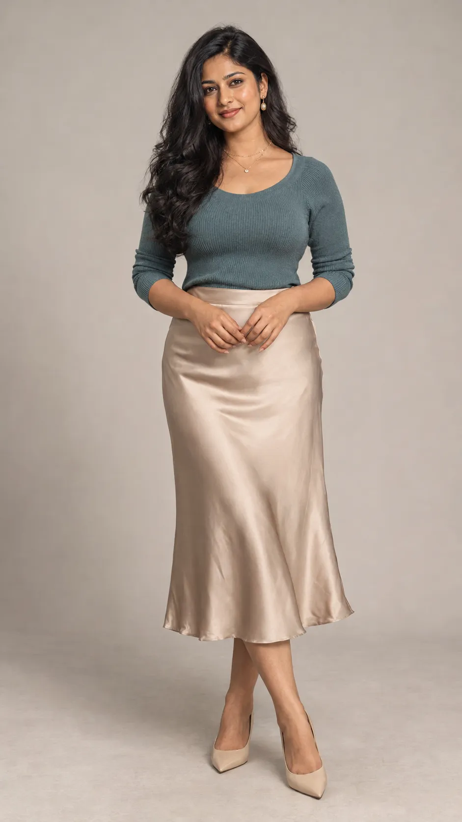 Generate a photorealistic full-body fashion catalog portrait of a 29-year-old South Asian woman, approximately 164 cm tall, with a softly curvy, proportionate figure, warm golden-brown skin, dark almond-shaped eyes, and thick black hair extending to her mid-back in loose natural waves. She wears a fitted muted-teal knit top, a champagne-beige satin midi skirt, delicate gold drop earrings, a fine layered necklace, and pointed beige heels. Her facial features should be distinctive and realistic, with a natural smile and softly defined eyebrows. Use understated makeup that complements her skin tone without lightening it. Her pose is elegant and relaxed, with shoulders naturally aligned and one foot slightly angled outward. Clean warm-gray studio background, soft diffused key light, accurate skin color, natural satin reflections, detailed hair strands, realistic fabric folds, professional luxury e-commerce photography, full body visible, vertical 9:16 aspect ratio. No text, no watermark, no artificial beauty filters.