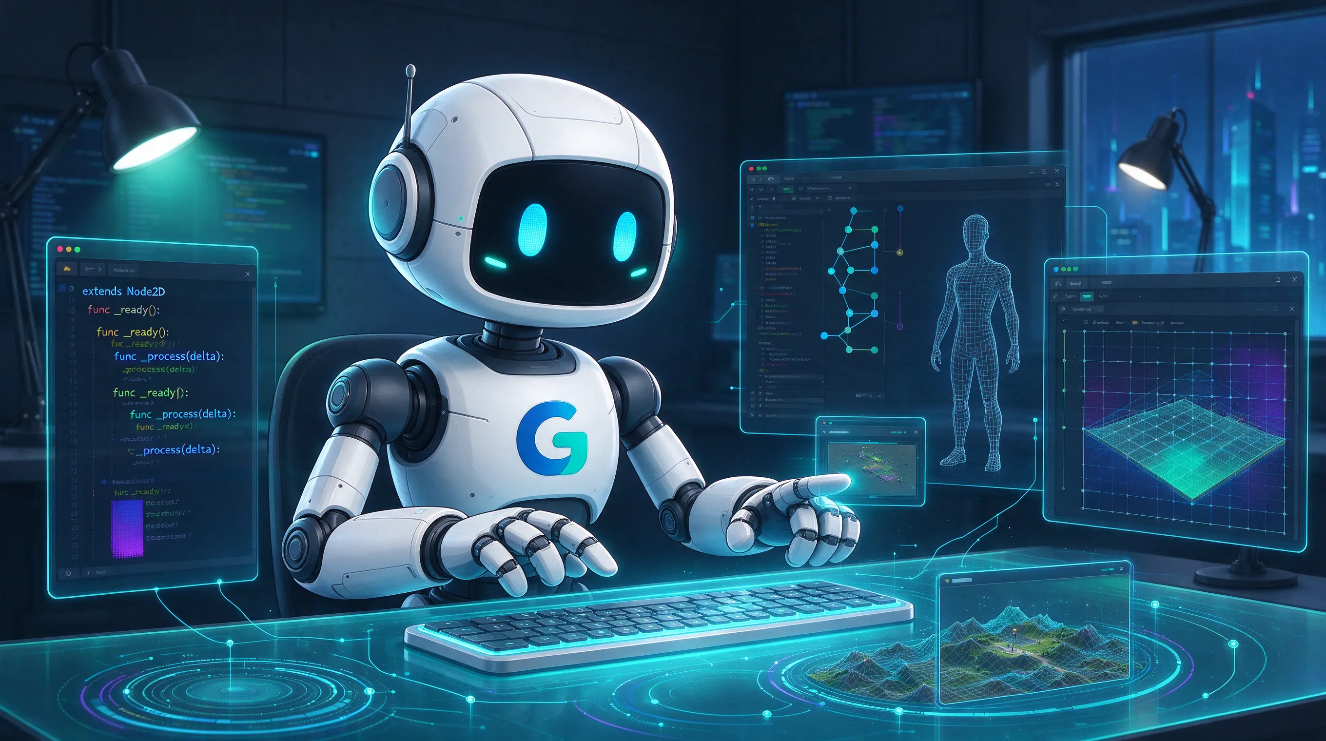 A cute robot mascot of the Godot game engine sitting at a glowing holographic desk, surrounded by floating UI panels, code snippets, and 3D wireframes, neon blue and teal lighting, cyberpunk studio, highly detailed, digital art, 4K