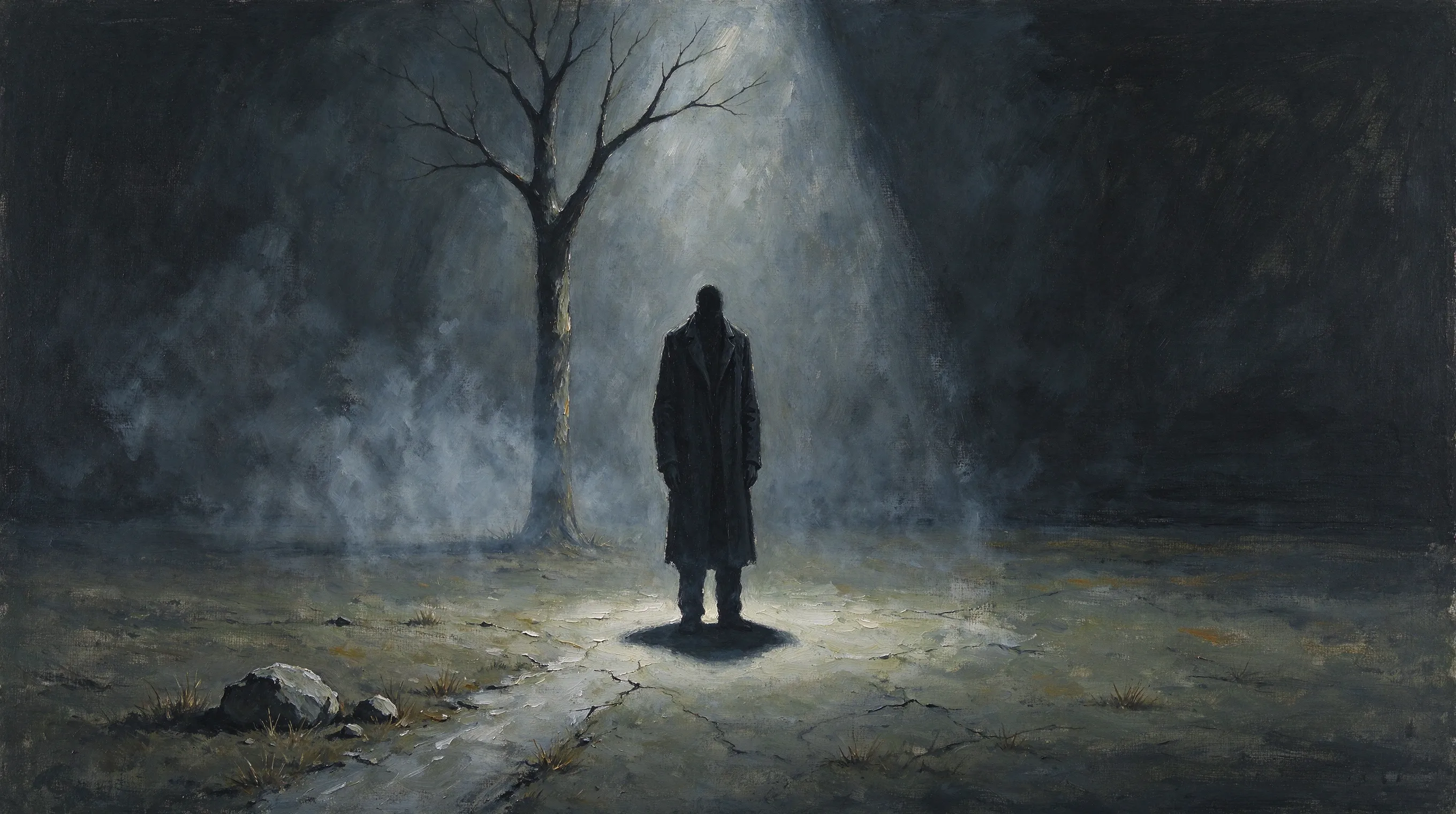 A mysterious figure representing Godot from Samuel Beckett's Waiting for Godot, standing under a lone bare tree on a minimalist stage, dramatic spotlight, fog, barren landscape, theatrical surrealism, muted colors, oil painting style