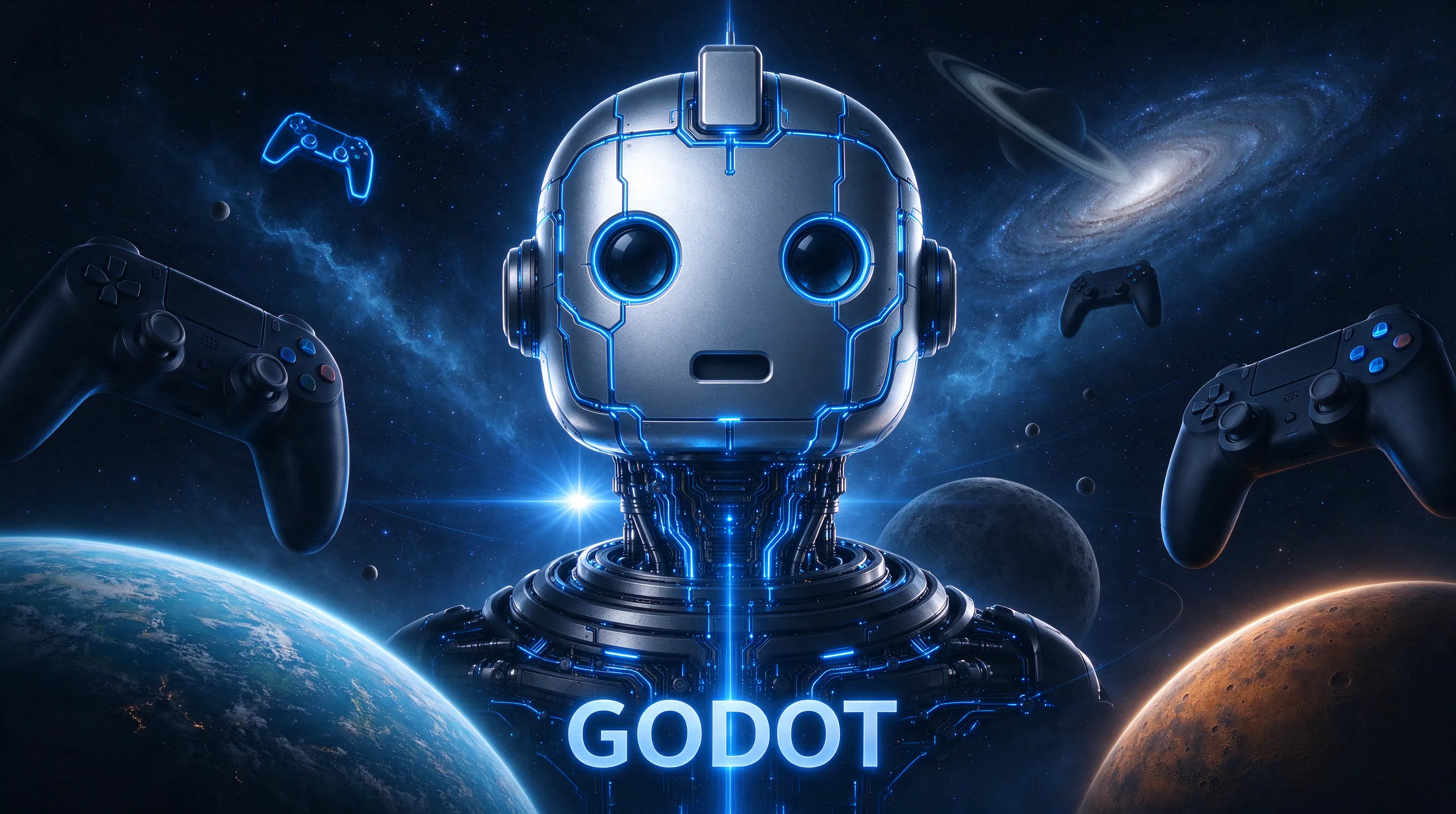 The Godot engine robot head logo transformed into a giant cosmic deity floating in space, surrounded by orbiting planets, stars, and game controllers, glowing blue circuits, epic scale, sci-fi concept art, cinematic lighting, 8K