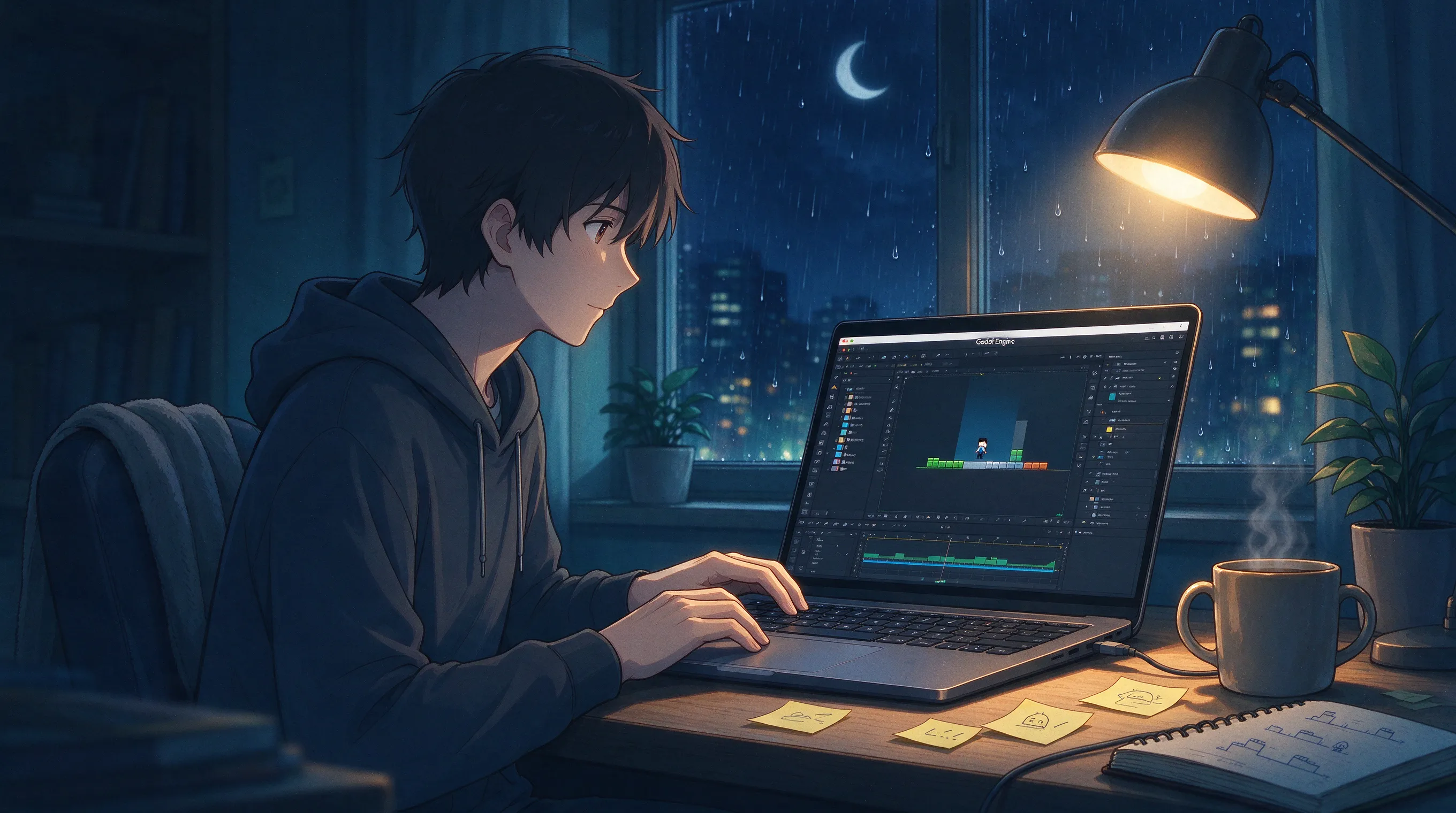 A cozy dimly lit room at night, an indie game developer working on a laptop with the Godot engine interface visible on screen, coffee mug, sticky notes, warm desk lamp, rain outside the window, lo-fi aesthetic, anime style, soft shading