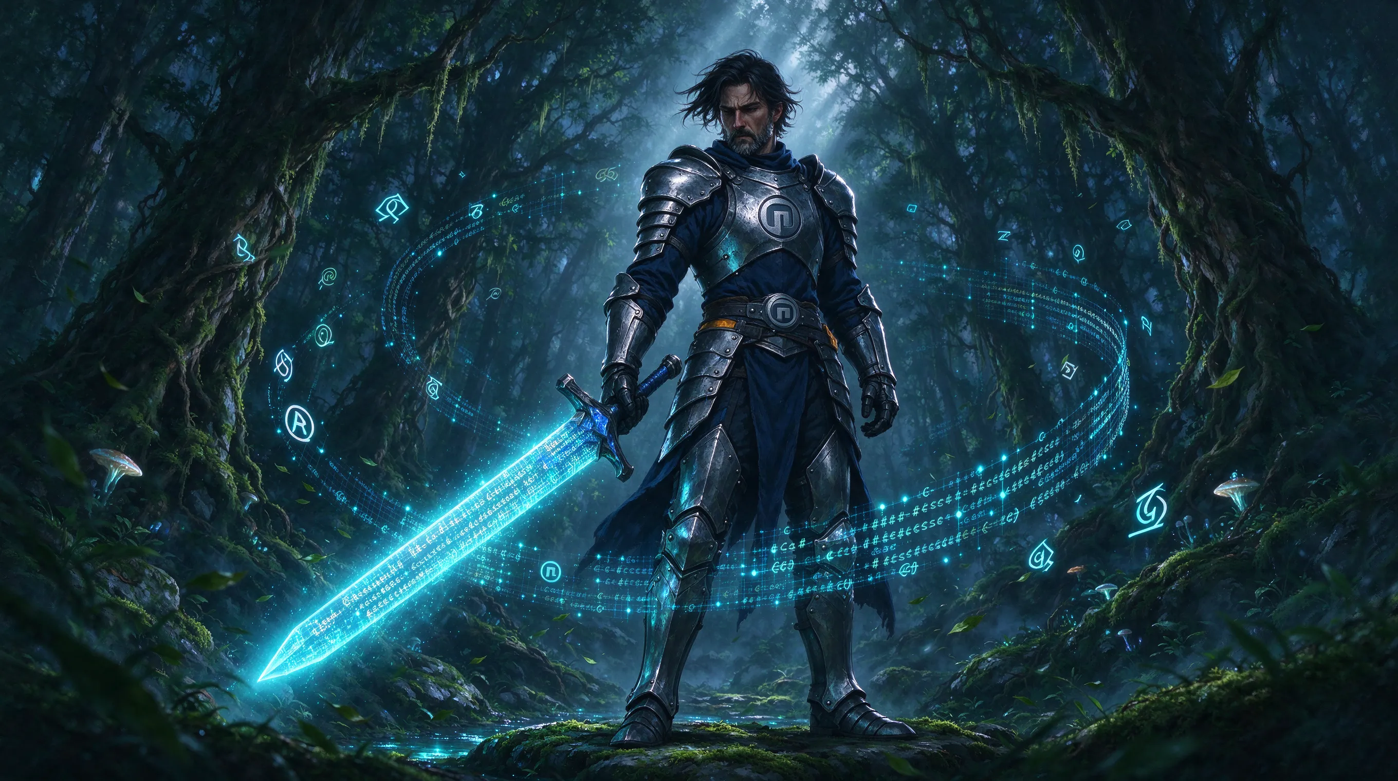 A heroic fantasy knight named Godot, wearing armor engraved with the Godot engine logo, holding a glowing sword made of code, standing in a mystical forest, magical runes floating around, epic fantasy digital painting, dramatic lighting, ArtStation trending