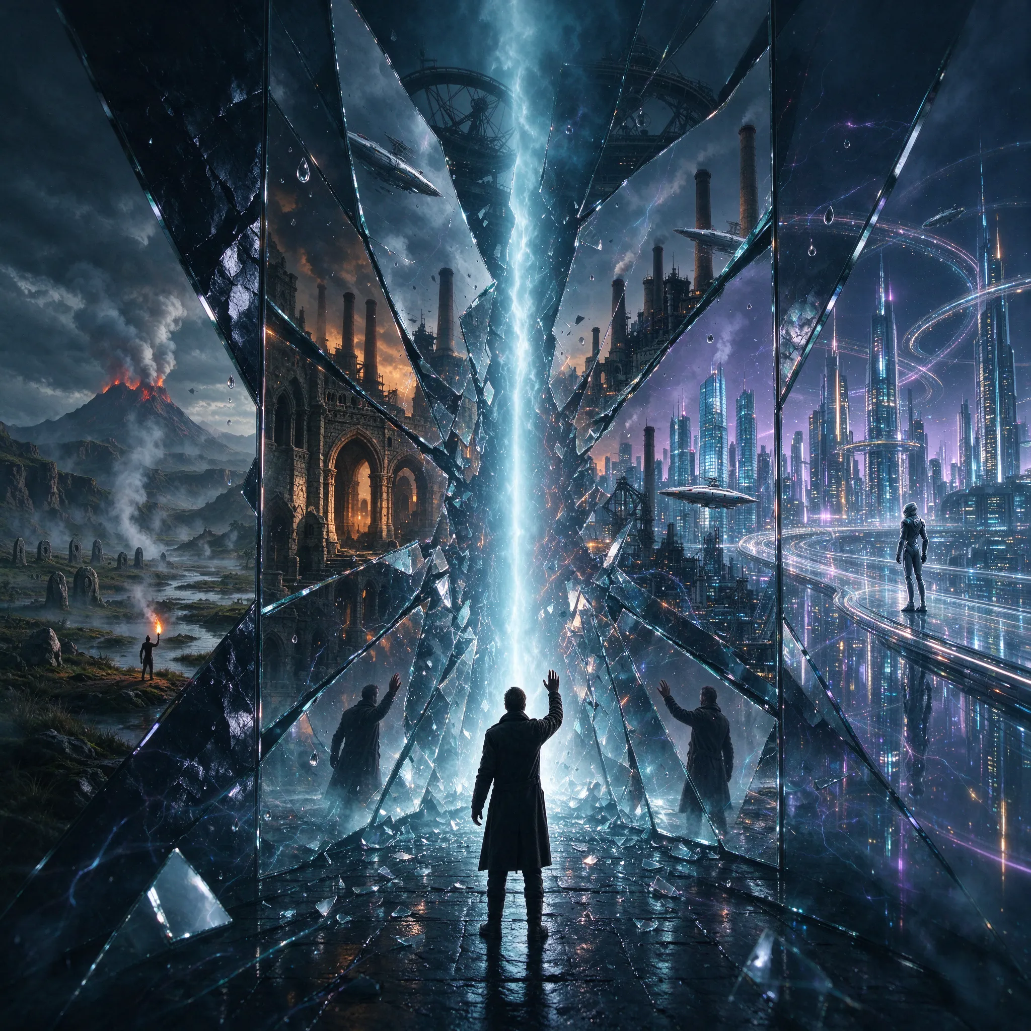 Future and past scenes interweave on mirror-like surfaces at the edge of a temporal rift.