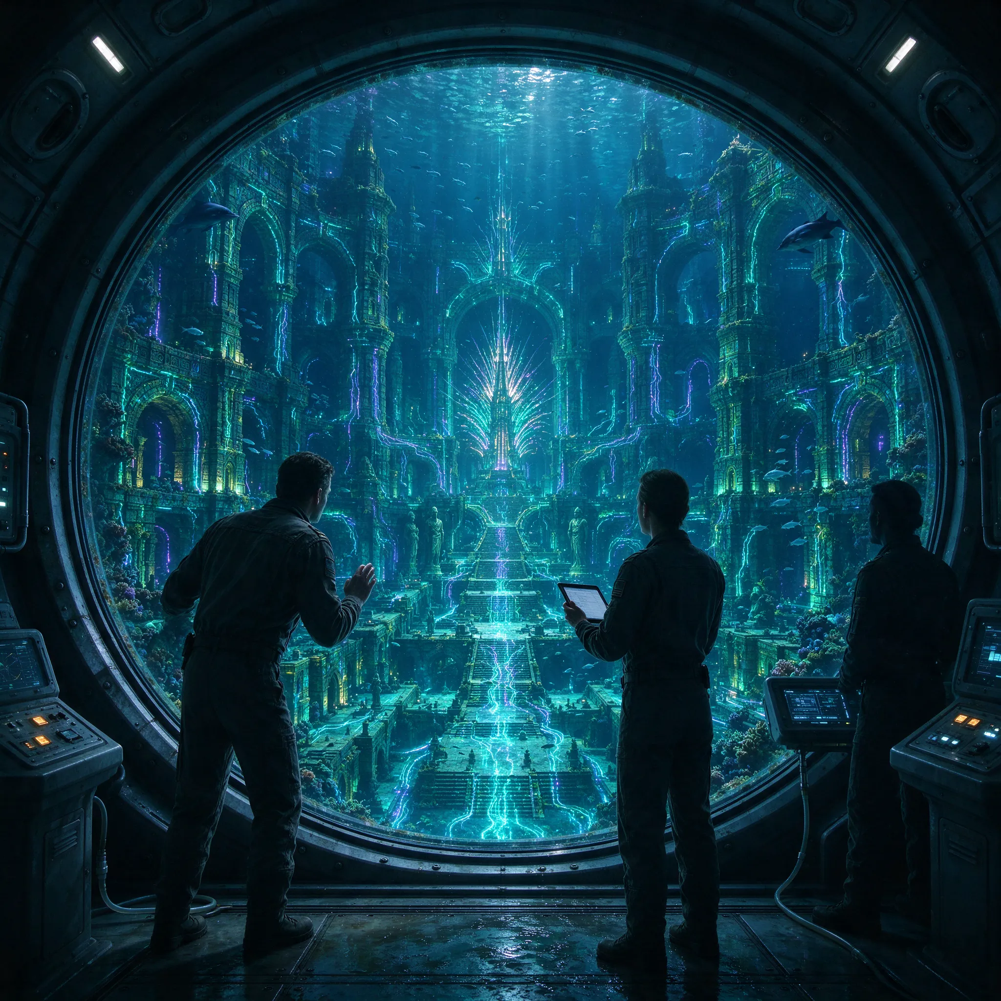 Scientists in a deep-sea research station witness a luminescent ancient underwater civilization through reinforced windows.