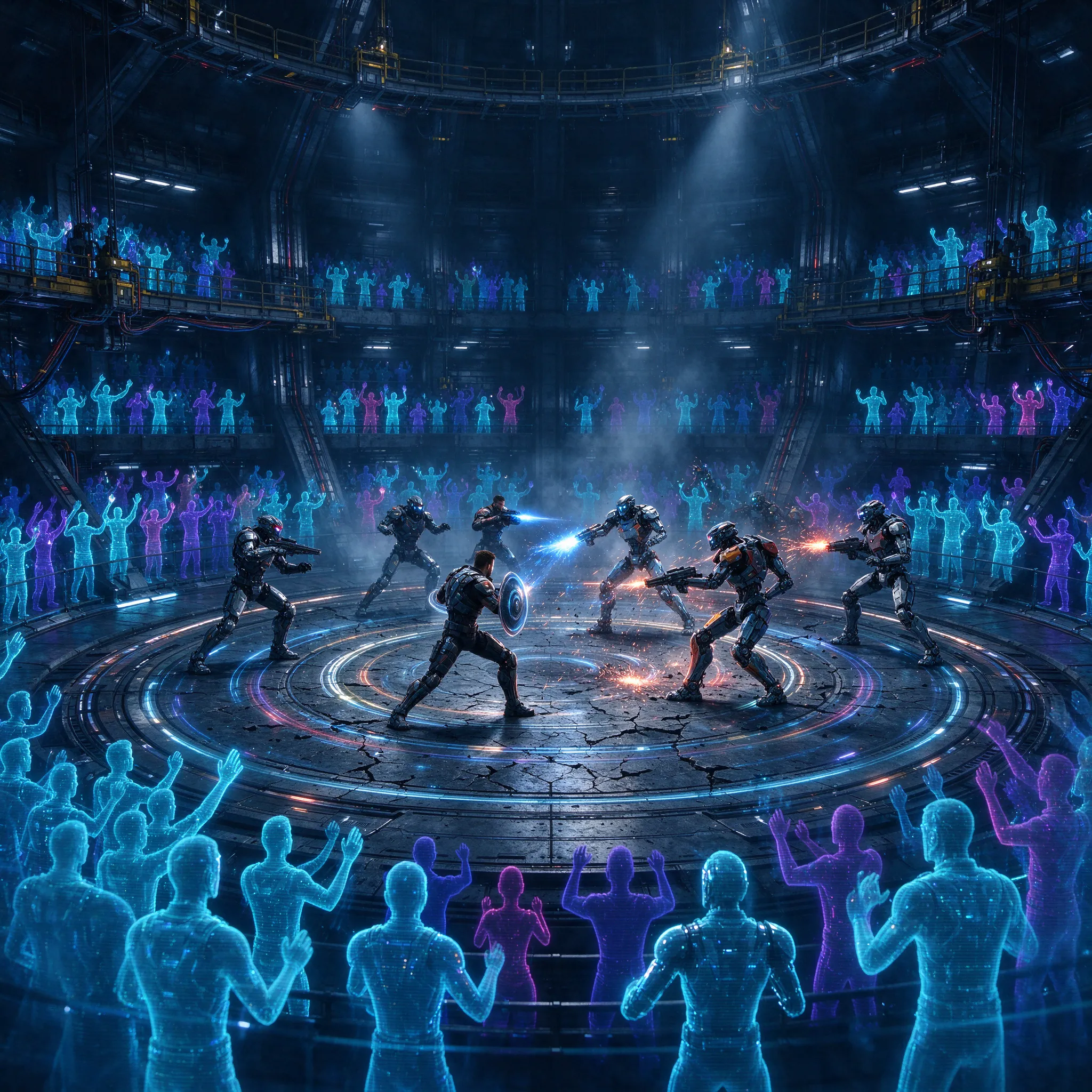 Holographic spectators watch the ultimate showdown between humans and modified robots in a futuristic underground arena.