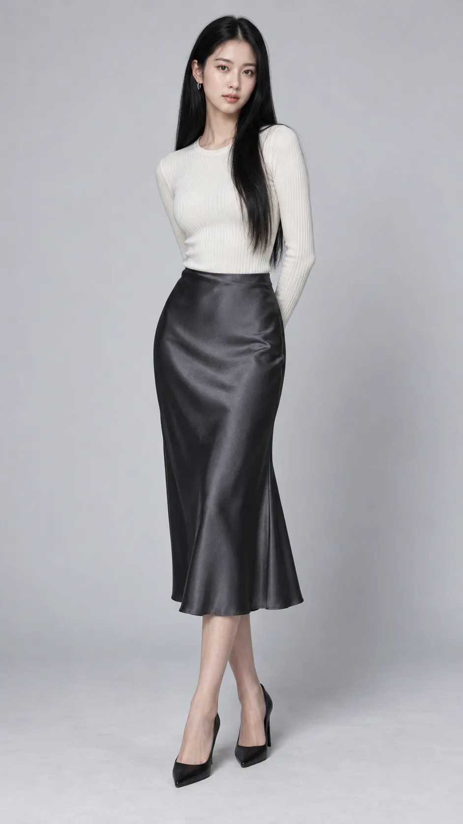 Create a realistic full-length studio fashion portrait of a 27-year-old East Asian woman, approximately 177 cm tall, with a slender elongated silhouette, light neutral-beige skin, dark brown eyes, and extremely long, straight jet-black hair reaching her lower back, parted cleanly in the middle. She wears a fitted ivory ribbed knit top, a dark charcoal satin midi skirt, small silver earrings, and black pointed-toe heels. Her pose is minimal and sophisticated, with her torso turned slightly toward the camera and her gaze steady. Preserve natural Asian facial features, realistic hair shine, subtle skin texture, and believable long-limb proportions. Use a clean pale-gray background and soft high-end studio lighting, with a faint floor shadow and carefully controlled highlights on the satin. Luxury minimalist fashion catalog, natural 85mm lens perspective, full body from head to shoes, vertical 9:16 composition. No text, no watermark, no exaggerated facial proportions.