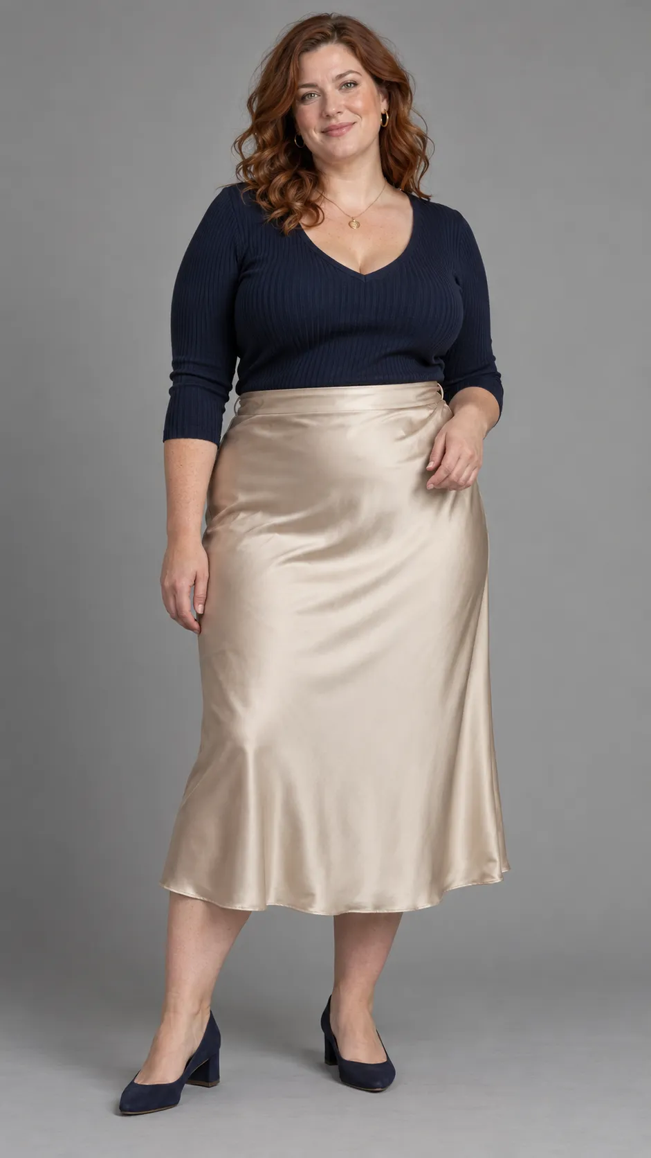 Create a realistic full-body commercial fashion portrait of a 34-year-old British woman, approximately 172 cm tall, with a plus-size body, naturally full upper arms, a rounded abdomen, broad hips, fair peach-toned skin, green eyes, and shoulder-length auburn hair styled in loose curls. She wears a flattering deep-navy knit top, a high-waisted champagne satin skirt with a comfortable realistic fit, understated gold jewelry, and dark-navy low heels. Her stance is relaxed and confident, with believable weight distribution and natural hand placement. Maintain realistic body proportions without slimming or exaggerating her figure. Her face should show subtle pores, natural smile lines, and refined but understated makeup. Clean neutral-gray studio background, soft diffused light, realistic textile folds and satin sheen, premium inclusive fashion brand photography, accurate full-body anatomy, head and both shoes fully inside the frame, vertical 9:16. No text, no watermark, no retouching that changes body shape.