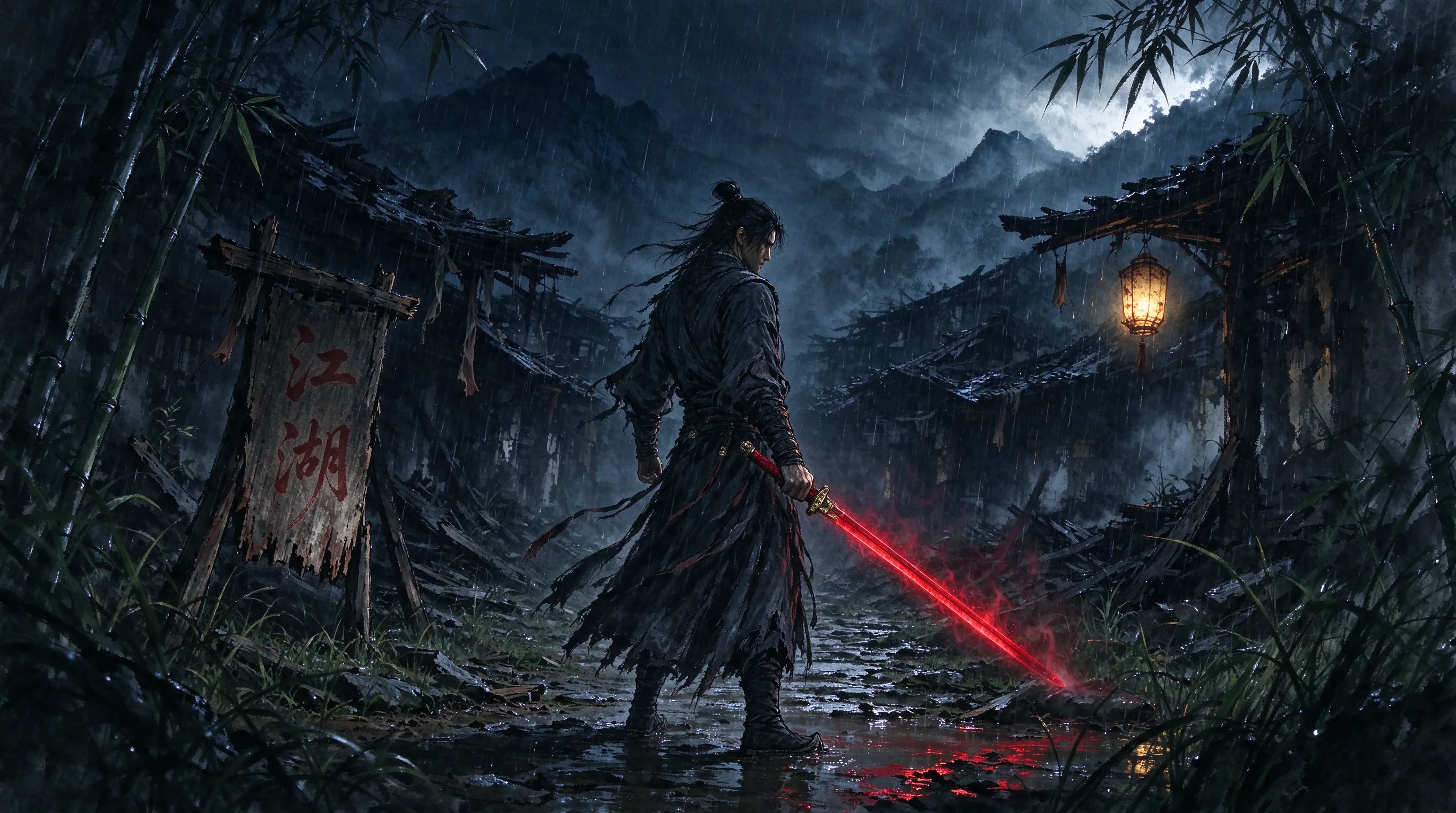 A lone swordsman in dark tattered robes standing in a rain-soaked ruined Chinese jianghu village, glowing crimson blade in hand, misty mountains behind, cinematic lighting, dark fantasy ink-wash aesthetic, highly detailed, 8k, dramatic atmosphere