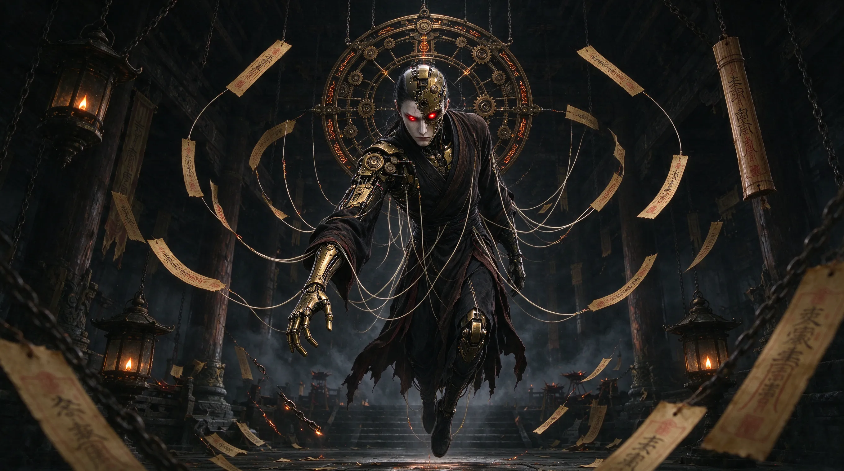 A half-mechanical assassin with exposed brass gears and glowing red eyes, suspended by translucent soul strings, surrounded by floating talismans, dim lantern light, shadowy ancient temple, dark steampunk wuxia style, moody cinematic composition, ultra detailed