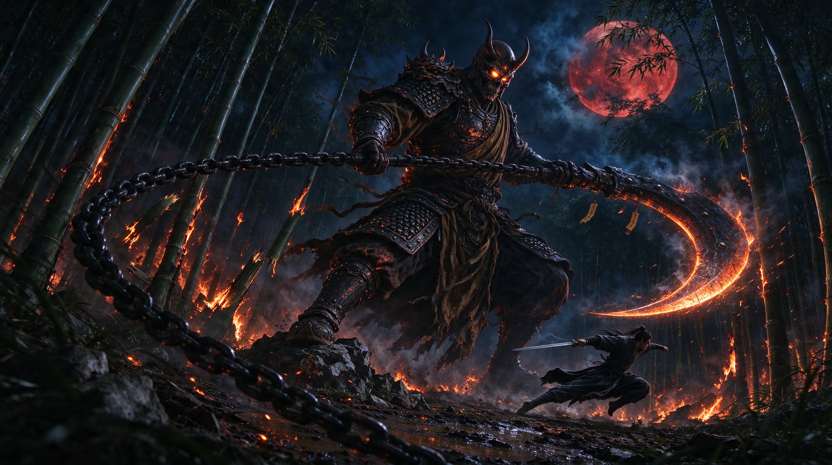 Epic boss fight in a burning bamboo forest at night, giant armored demon monk wielding a chain scythe, small agile swordfighter dodging, sparks and embers flying, red moon overhead, dynamic action pose, dark fantasy concept art, highly detailed, dramatic contrast