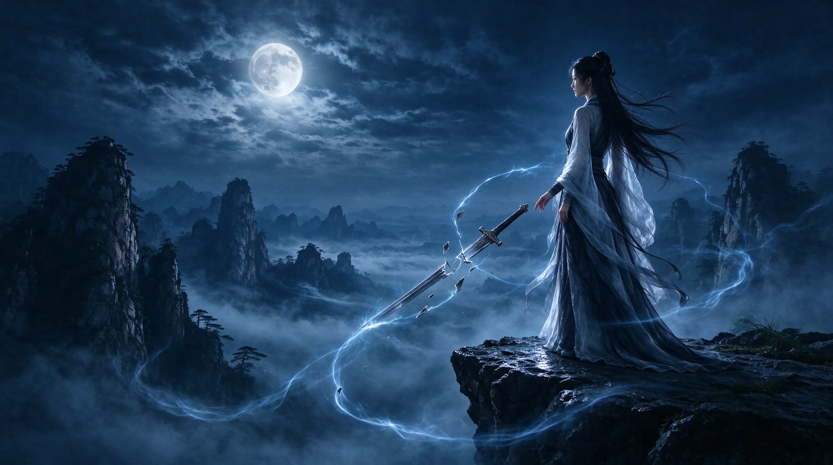 A ghostly female swordswoman in flowing white and black hanfu standing on a cliff edge, shattered sword floating beside her, swirling soul energy, fog-filled valley below, cold blue moonlight, ethereal dark wuxia aesthetic, cinematic wide shot, intricate details