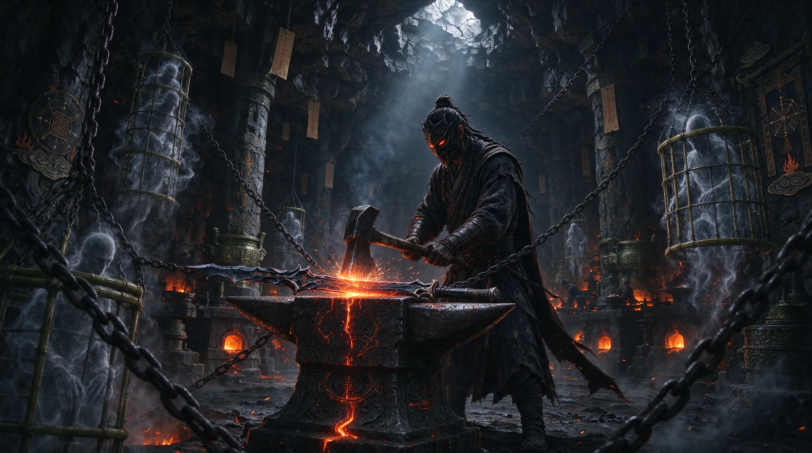 An underground forge filled with chained souls and molten metal, a masked blacksmith forging a cursed blade, red and orange glow, chains and hanging cages, ancient Chinese occult symbols on walls, dark fantasy atmosphere, volumetric lighting, highly detailed concept art