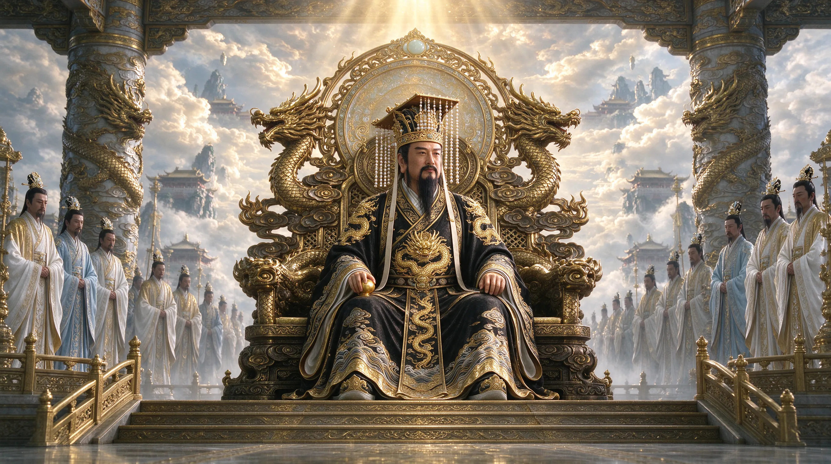 A majestic Chinese Jade Emperor seated on a golden dragon throne in the heavenly court, wearing imperial robes with dragon patterns and a beaded crown, surrounded by immortal attendants, glowing celestial clouds, ornate palace pillars, divine golden light, epic Chinese mythology, highly detailed, cinematic lighting, 8k, fantasy realism.