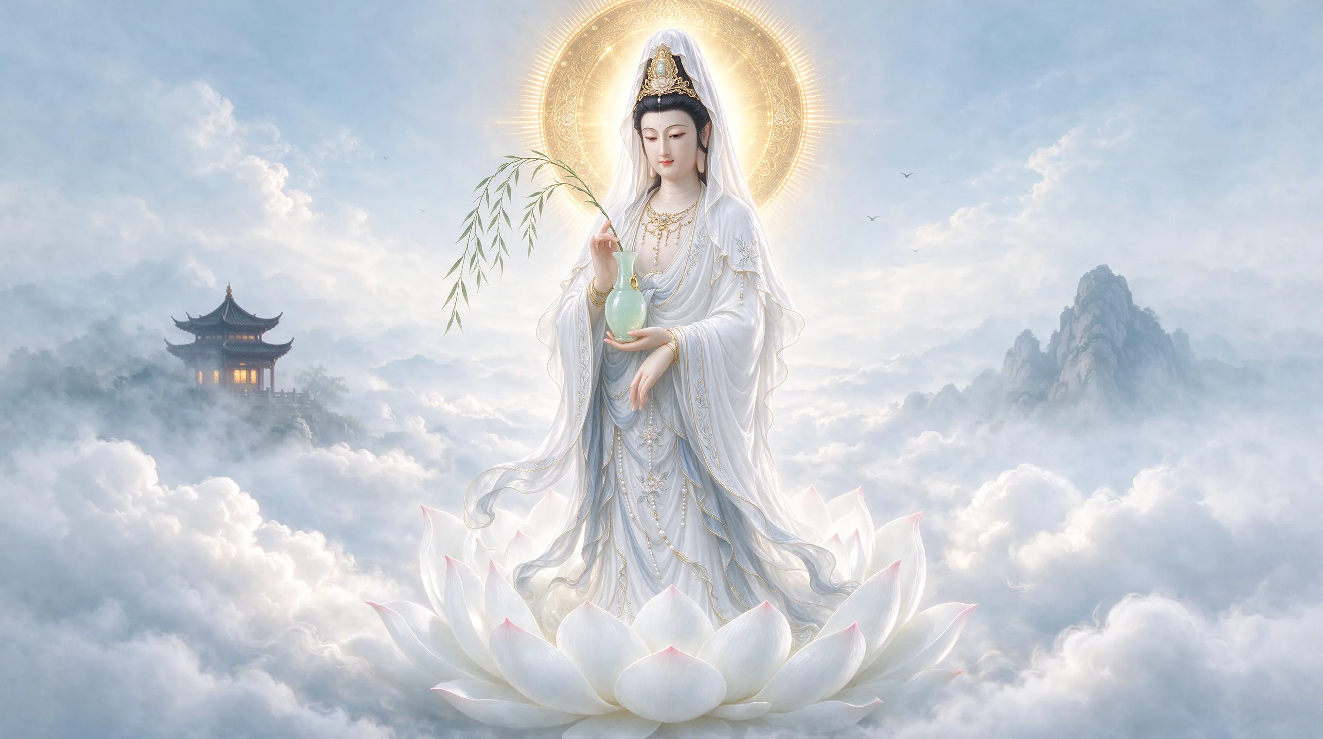 Guanyin Bodhisattva standing on a giant lotus above misty clouds, wearing flowing white robes, holding a jade vase with willow branch, serene expression, gentle divine glow, golden halo, Chinese Buddhist mythology, ethereal atmosphere, intricate details, soft lighting, masterpiece, ultra detailed.
