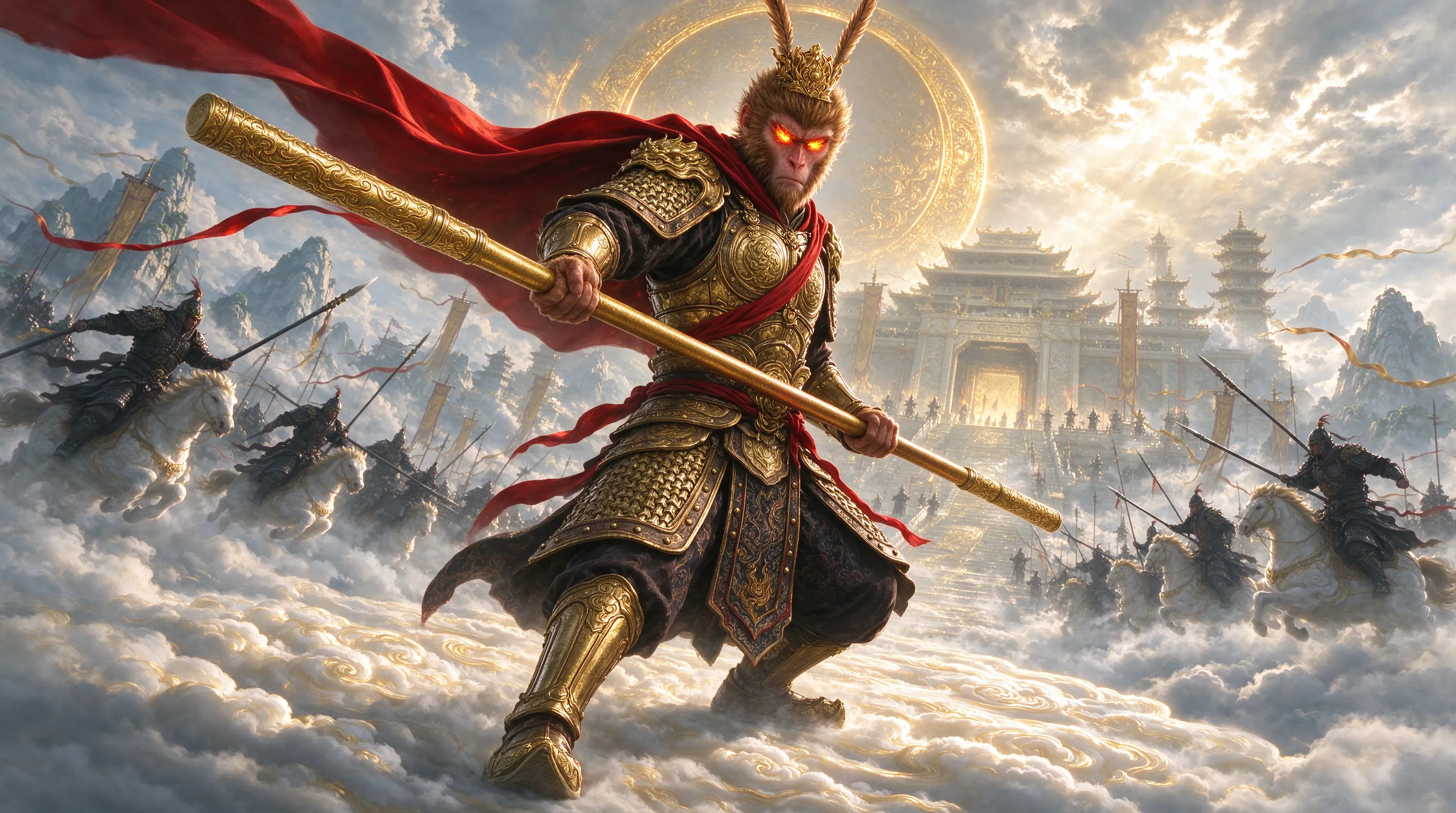 Sun Wukong the Monkey King in golden armor, holding the Ruyi Jingu Bang staff, standing on a cloud, fiery golden eyes, rebellious heroic pose, red cape flowing in the wind, heavenly soldiers in the background, Chinese mythology, epic fantasy, dynamic composition, dramatic lighting, highly detailed, 8k.
