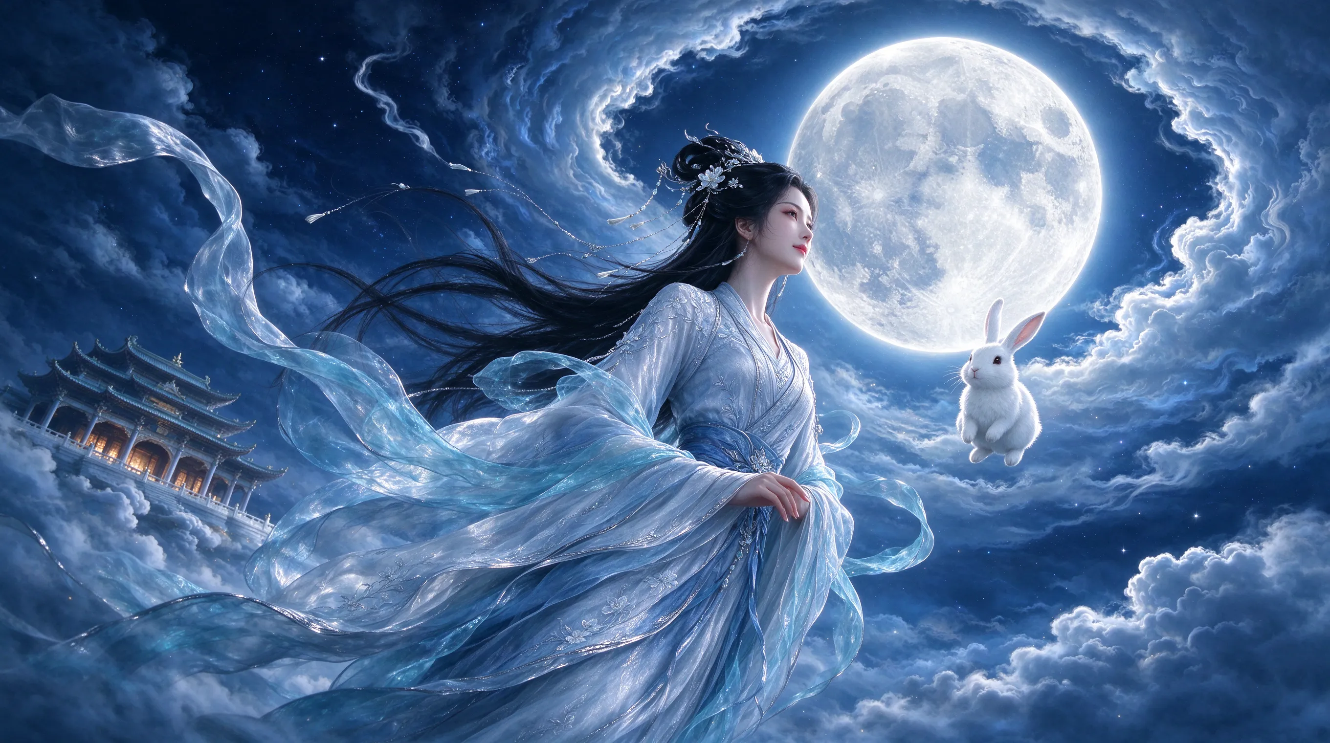 Chang'e, the Chinese moon goddess, in elegant flowing Hanfu robes, flying toward the bright full moon, surrounded by glowing clouds, jade rabbit beside her, celestial palace in the distance, soft blue and silver moonlight, romantic and mystical atmosphere, Chinese mythology, ultra detailed, cinematic, masterpiece.
