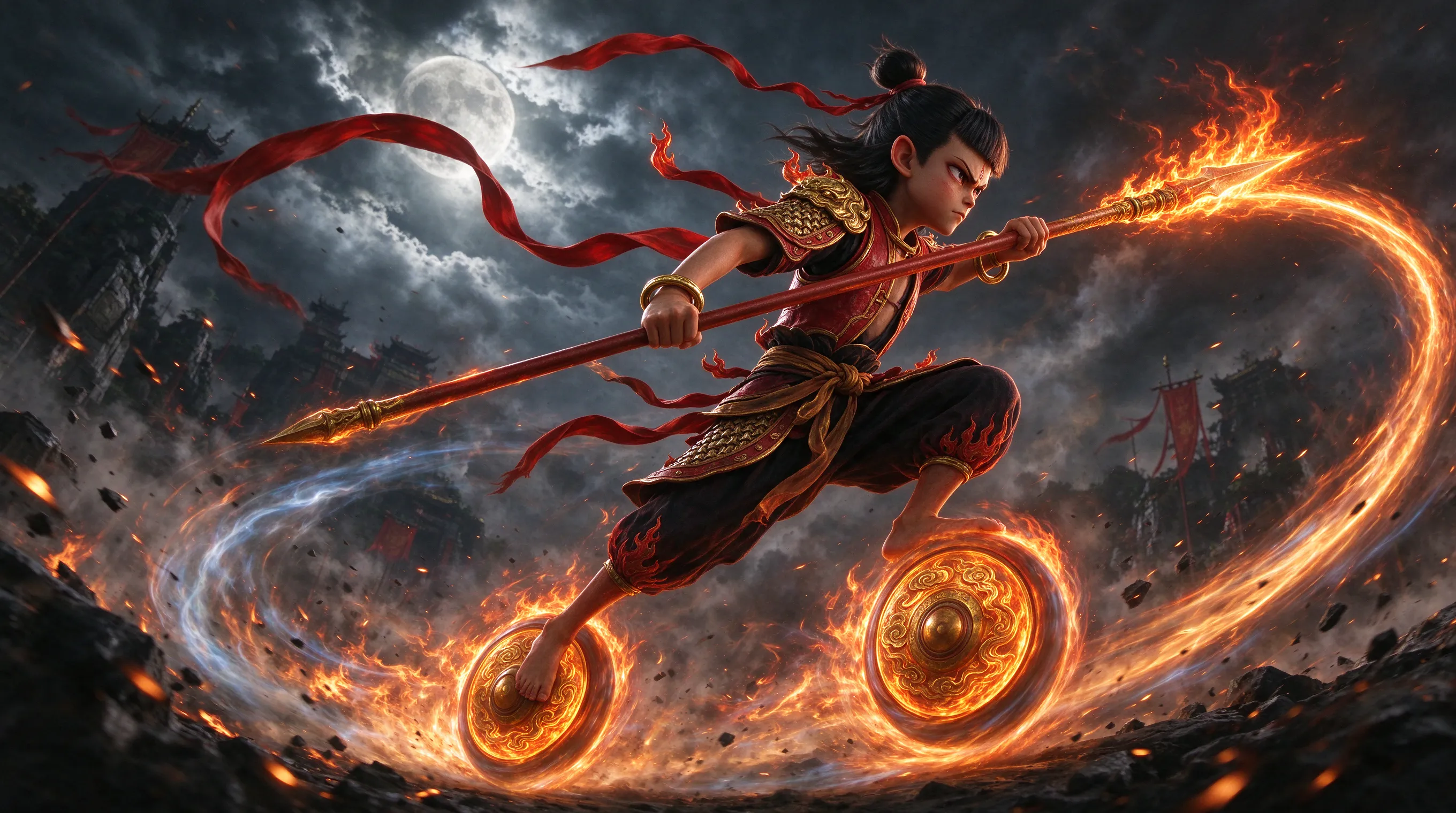 Nezha, the Chinese fire deity, in battle armor with red ribbons and golden rings, standing on Wind Fire Wheels, holding a flaming spear, fierce expression, surrounded by flames and wind, epic mythological battlefield, Chinese fantasy style, dynamic action pose, dramatic lighting, highly detailed, 8k.
