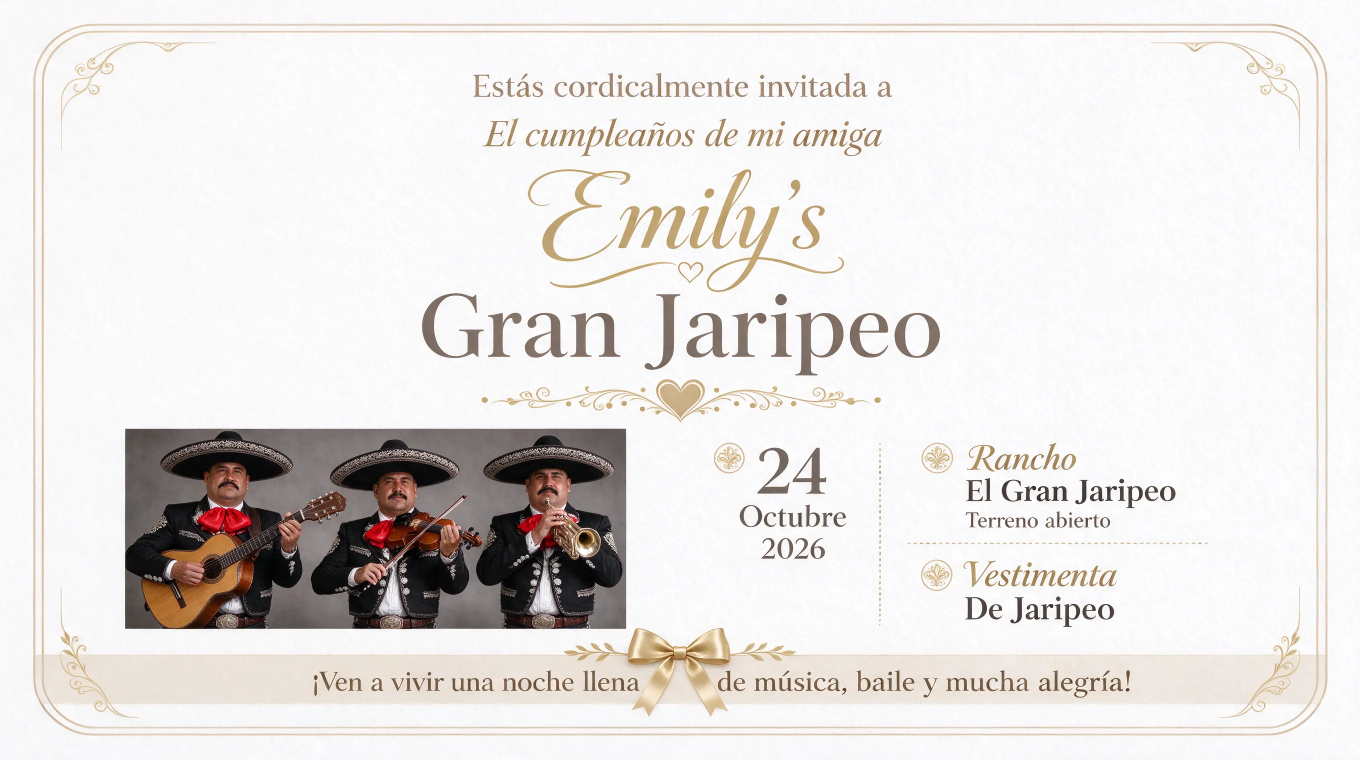 Invitation de un Gran Jaripeo para el cumpleano de mi amiga. "Emily's Gran Jaripeo" pon fotos de mariachi, de los cosas que tipiqa mente estan en los invitationes. Es pare el 24 de Octubre https://tse3.mm.bing.net/th/id/OIP.gG52ciEBsYZoxLVocdih3AHaLc?r=0&rs=1&pid=ImgDetMain&o=7&rm=3