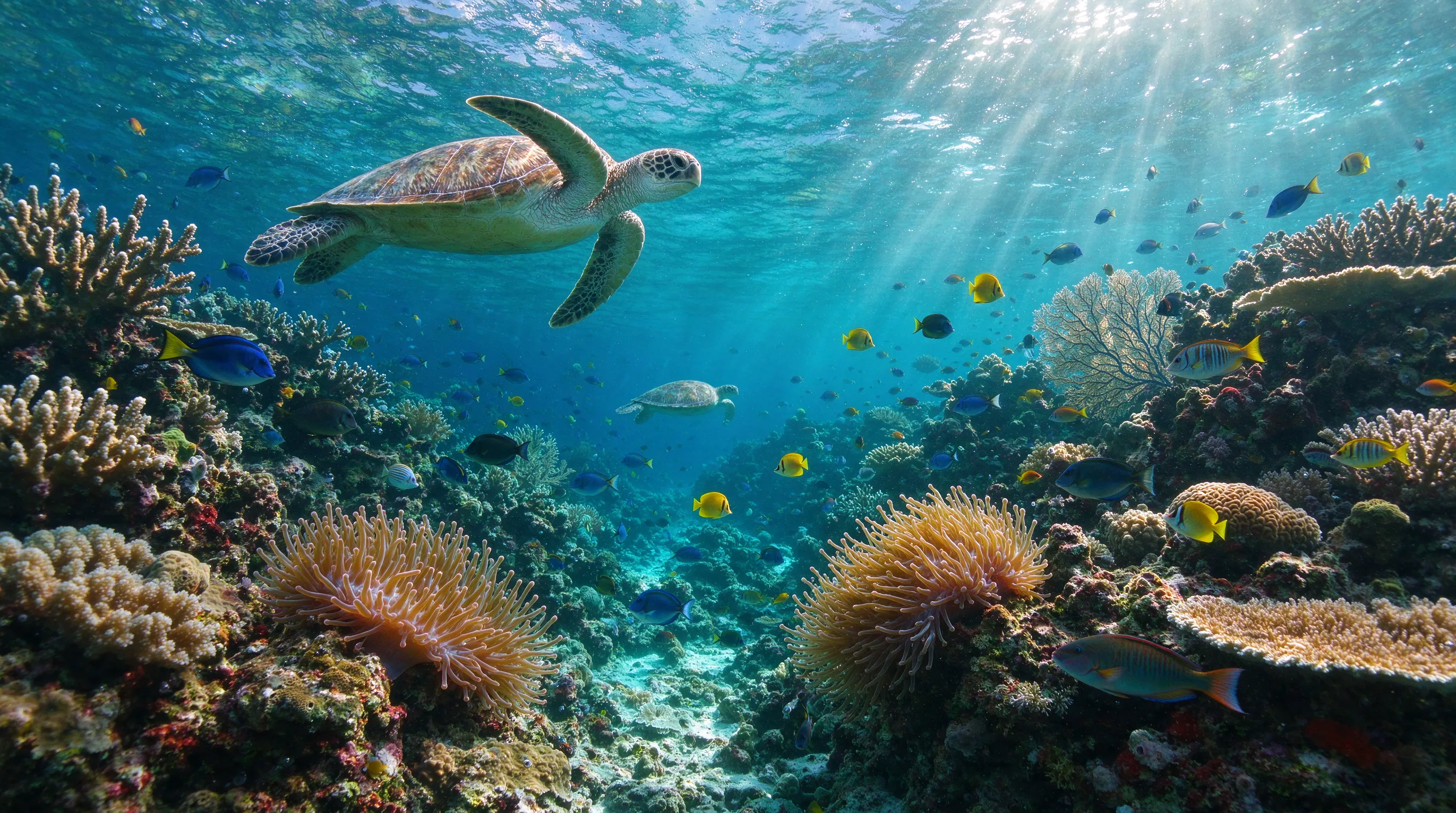 A vibrant coral reef teeming with tropical fish, sea turtles, and swaying anemones, crystal-clear turquoise water, sunlight beams piercing the surface, ultra-detailed underwater photography, National Geographic style, 8k