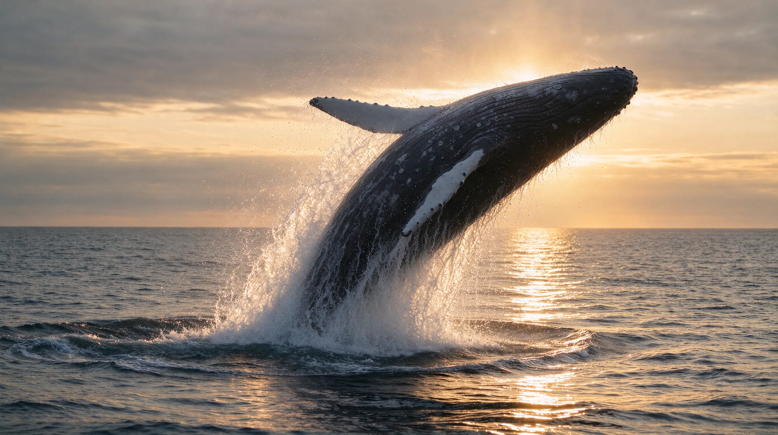 A humpback whale breaching the ocean surface at golden hour, water droplets frozen mid-air, dramatic backlighting, cinematic composition, hyper-realistic, shot on 600mm telephoto lens, shallow depth of field
