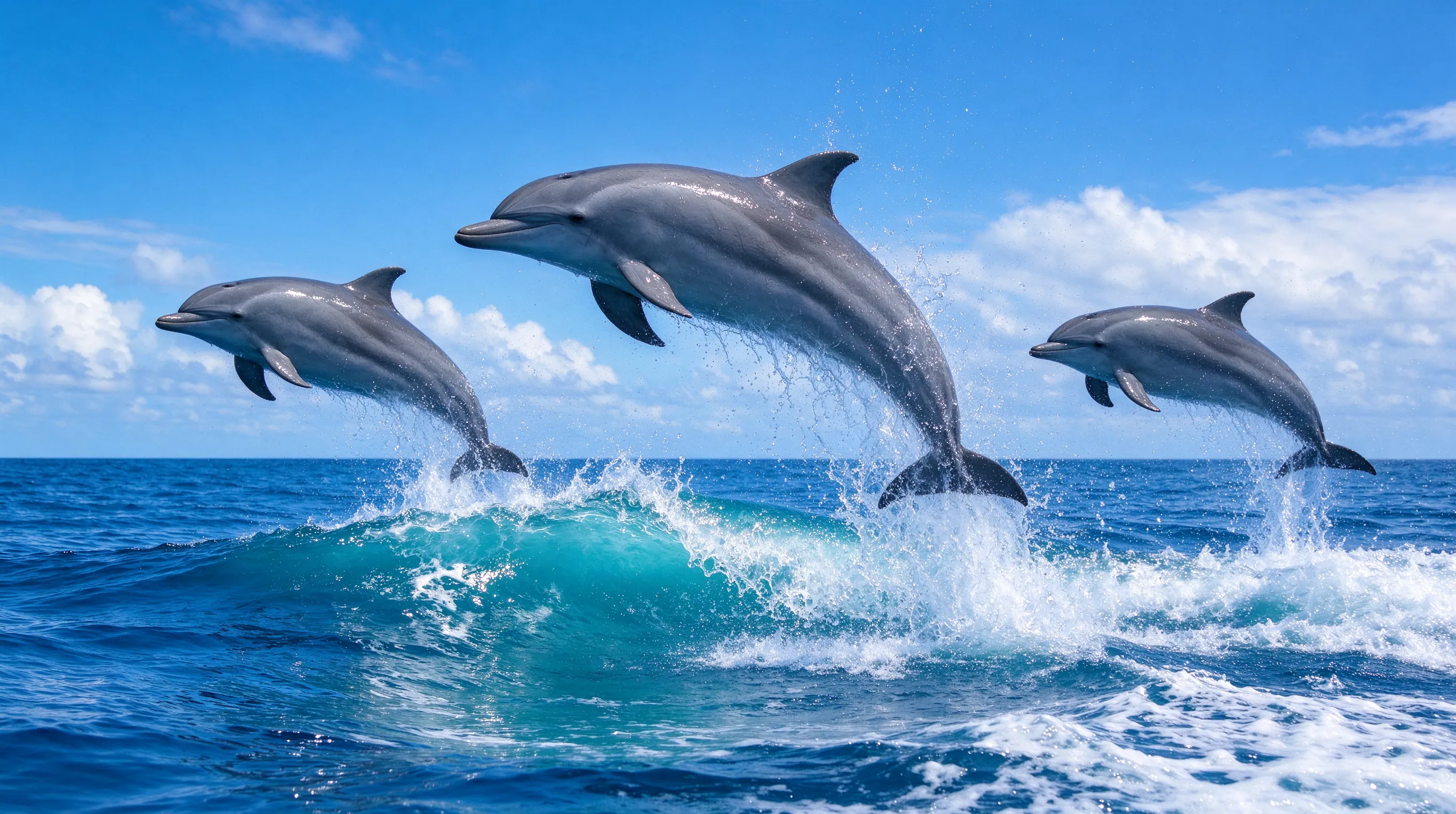 A pod of bottlenose dolphins leaping through sparkling ocean waves, bright blue sky with soft clouds, dynamic action shot, vivid colors, cheerful and energetic mood, professional wildlife photography, high speed shutter