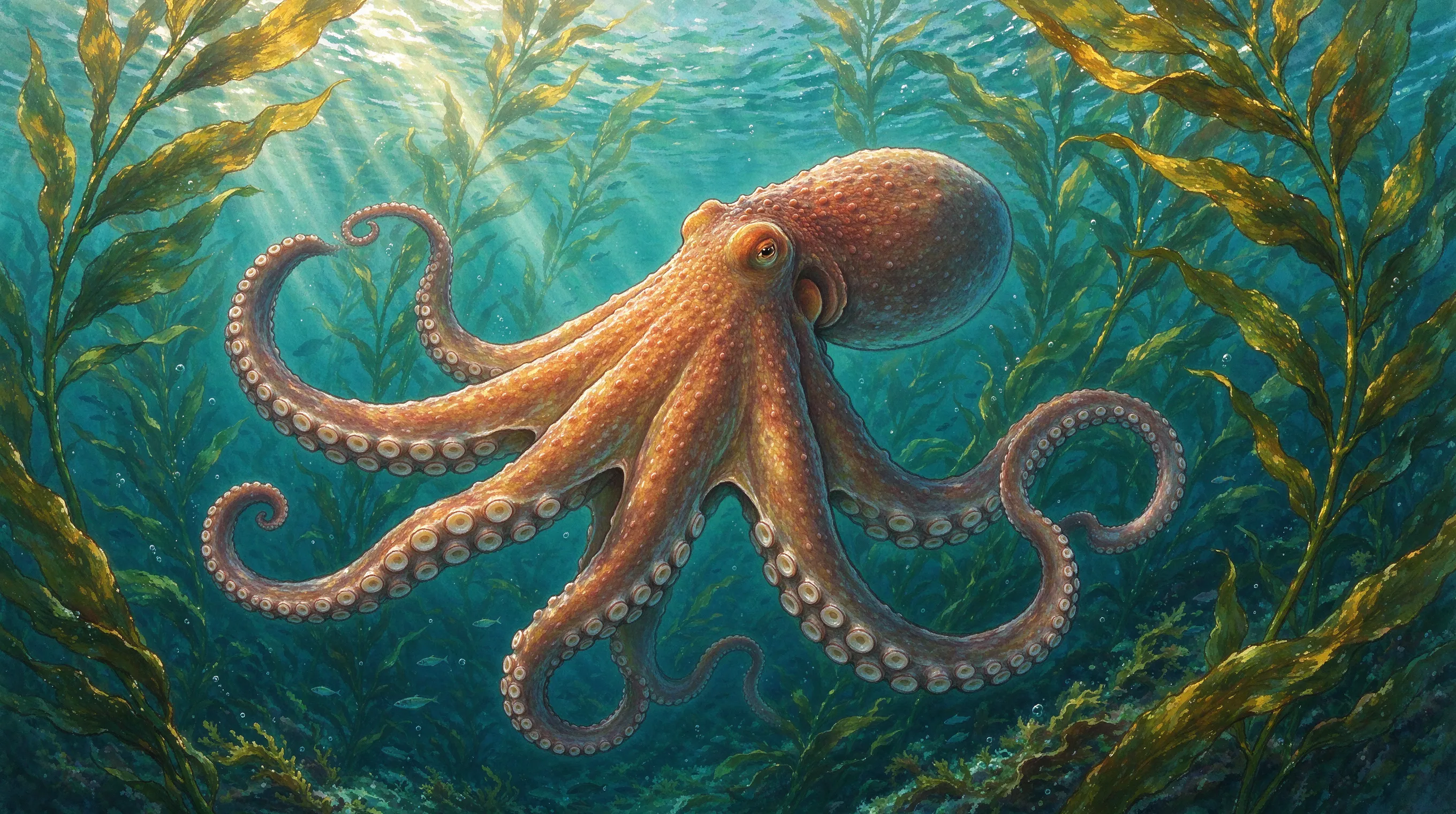 A giant Pacific octopus in a stylized underwater kelp forest, intricate tentacle textures, soft god rays filtering through the water, painterly digital illustration, rich teal and amber color palette, Studio Ghibli-inspired aesthetic