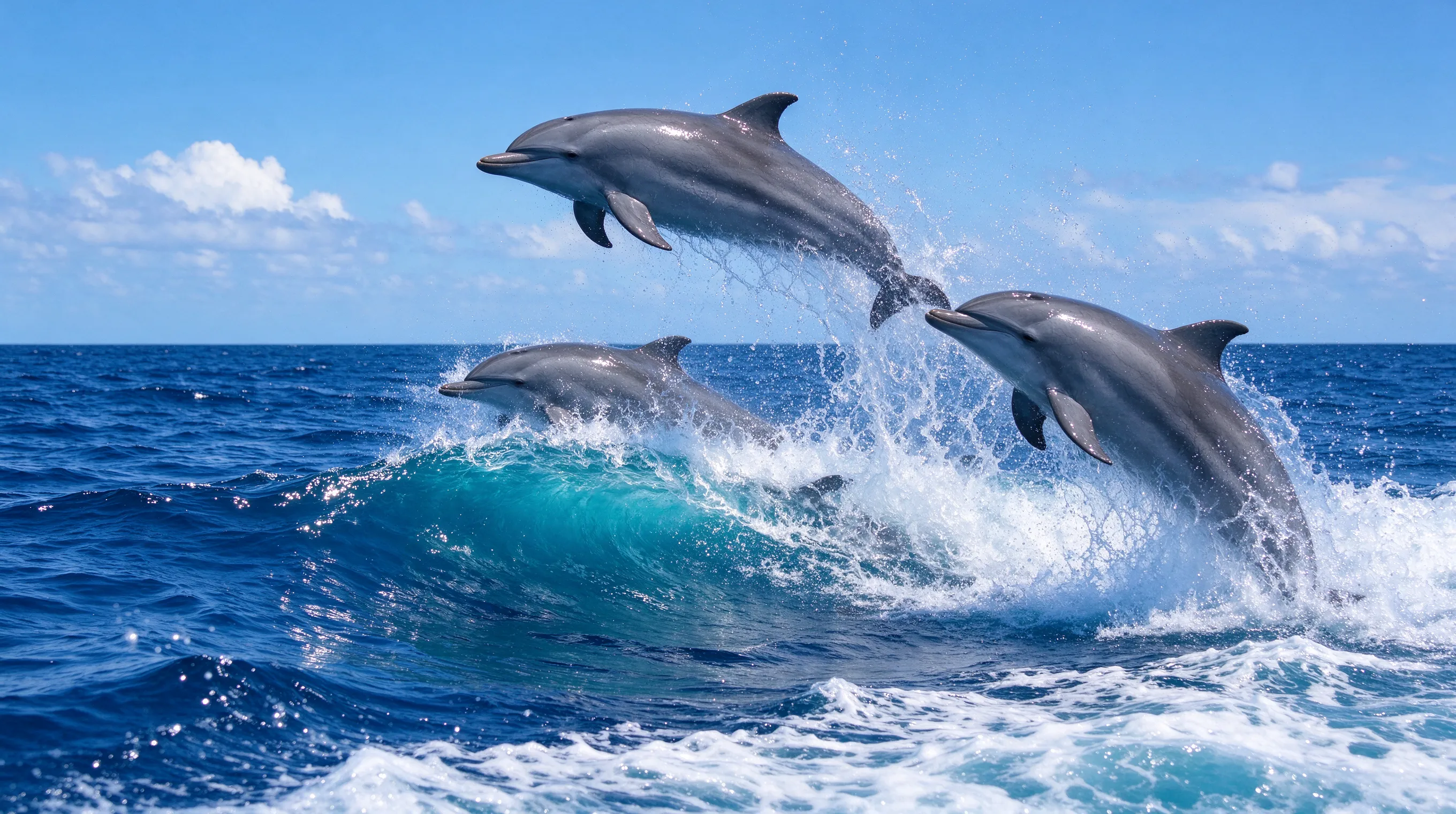A pod of bottlenose dolphins leaping through sparkling ocean waves, bright blue sky with soft clouds, dynamic action shot, vivid colors, cheerful and energetic mood, professional wildlife photography, high speed shutter