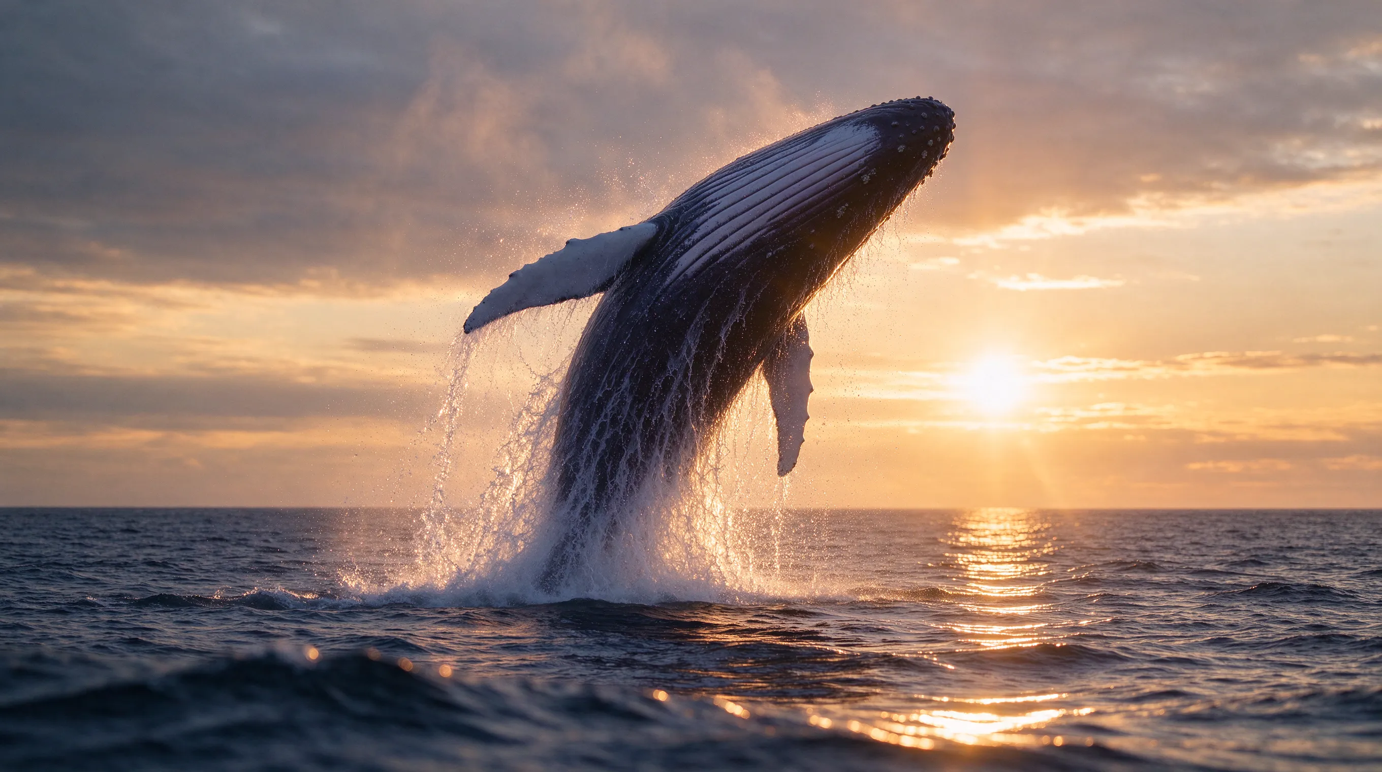 A humpback whale breaching the ocean surface at golden hour, water droplets frozen mid-air, dramatic backlighting, cinematic composition, hyper-realistic, shot on 600mm telephoto lens, shallow depth of field