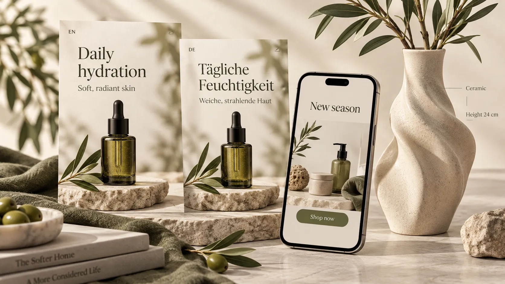 Create a premium 16:9 editorial hero image for an ecommerce SaaS blog about Shopify international product localization. Build a cohesive, art-directed collage of three different content types: a skincare product benefit graphic with English text and a localized German version, a modern smartphone displaying a generic mobile shopping promotion, and a stylish home decor product image with simple specification labels. The collage should feel like one polished campaign rather than three rigid panels. Show subtle visual contrasts between original and localized text while keeping the same product photography and overall design. Use warm ivory, muted olive, soft charcoal, and natural studio lighting. Make the visuals realistic, refined, and readable at thumbnail size. Any screen shown must be a generic conceptual mockup, not a recognizable Shopify or Vidoly interface. No brand logos, no watermarks, no fake analytics, no excessive text, no decorative arrows.