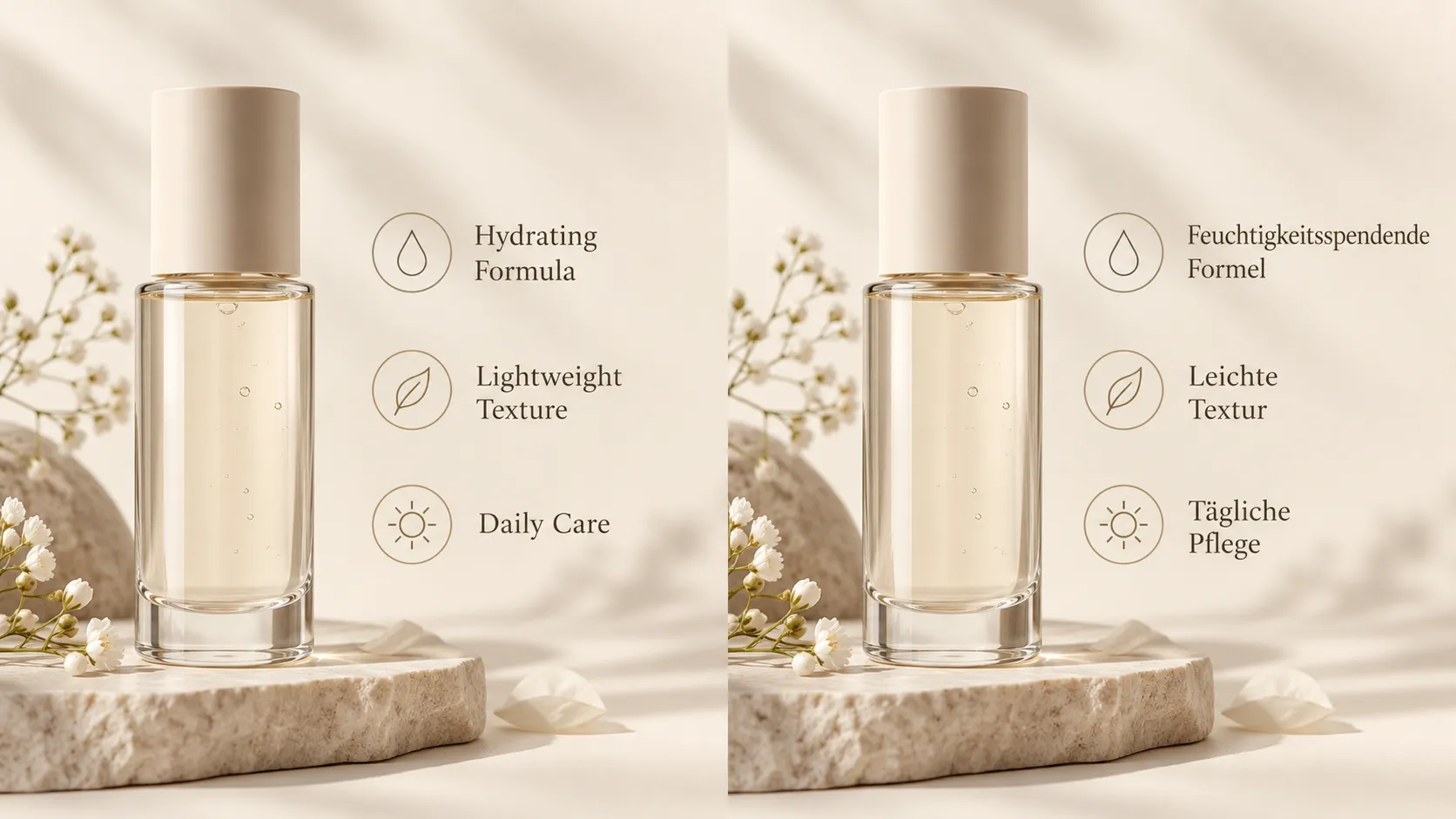 Create a realistic 16:9 ecommerce image comparison featuring a premium skincare bottle on a warm ivory studio background. Present the same product graphic in two naturally connected versions: English on the left and German on the right. Include three concise labels: “Hydrating Formula,” “Lightweight Texture,” and “Daily Care,” with accurate German equivalents in the localized version. Keep the product, packaging, lighting, background, typography hierarchy, and image composition consistent so the language change is the main difference. Use elegant beauty-brand photography, subtle beige accents, realistic glass reflections, soft shadows, and legible typography. No rigid infographic boxes, no app interface, no browser window, no logos, no watermark, and no additional copy.