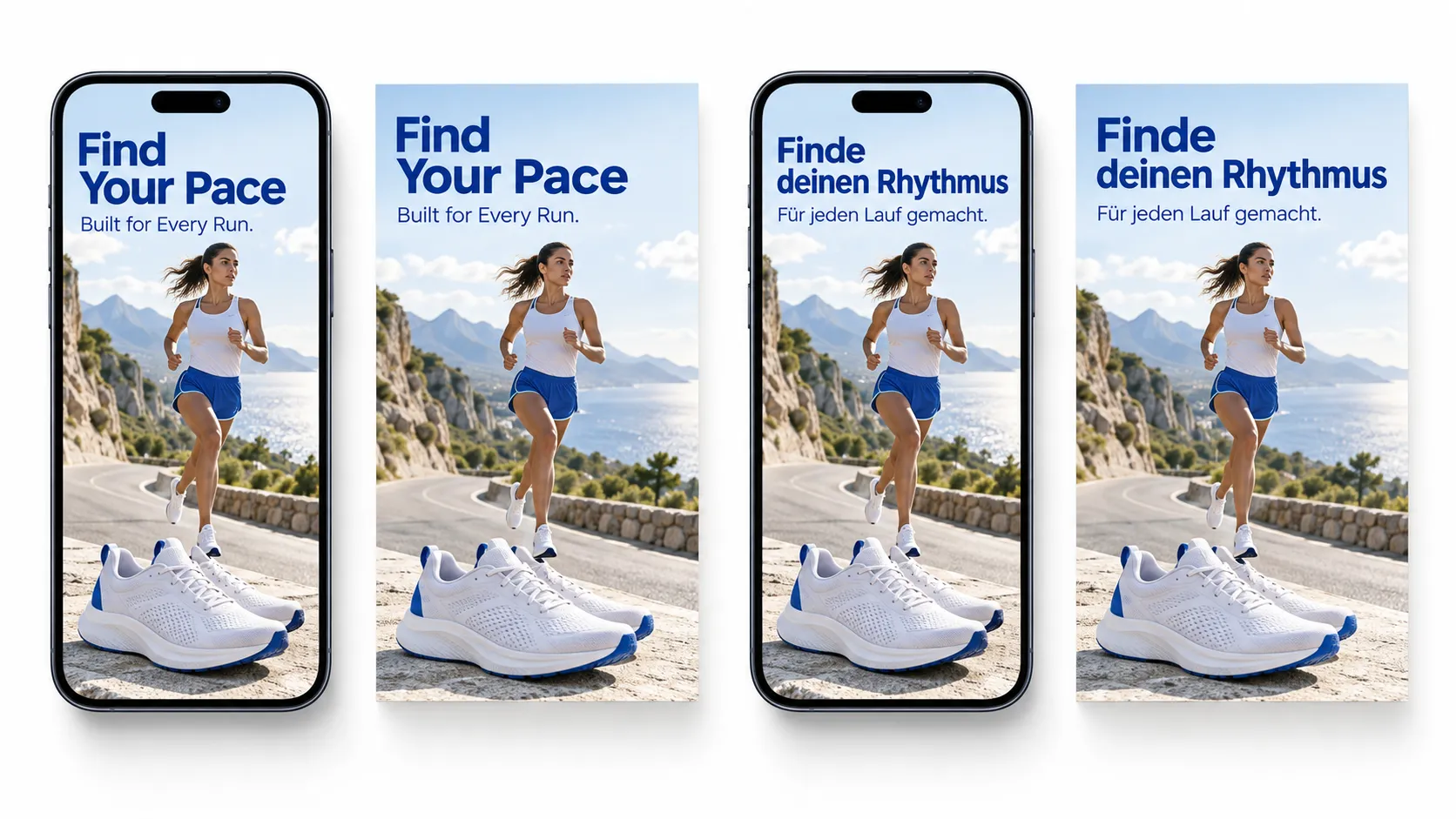 Create a polished 16:9 editorial comparison of a mobile app promotional creative in two languages. Show a modern smartphone mockup beside a matching standalone promotional graphic for a fictional fitness app featuring a pair of premium running shoes, an athletic lifestyle photograph, and concise marketing text. The original version uses English copy: “Find Your Pace” and “Built for Every Run.” The localized version uses natural German equivalents while preserving the same shoe photography, layout, colors, and visual hierarchy. Make the phone screen and graphic look like a professional marketing campaign, not a functional software screenshot. Use energetic but refined art direction, bright natural light, white space, and restrained cobalt-blue accents. No real app logos, no Shopify or Vidoly interface, no fake notifications, no watermarks, and no extra text.