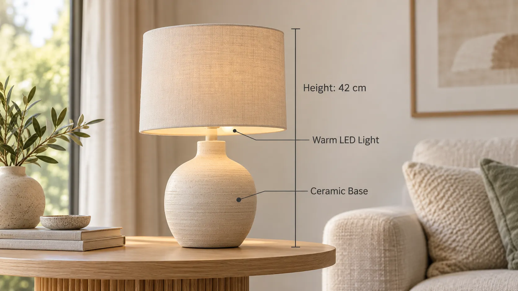 Create a premium 16:9 ecommerce product image for a modern ceramic table lamp. Place the lamp on a light oak side table in a calm contemporary living room with warm daylight and neutral decor. Add a clean product-specification graphic beside the lamp with three readable English labels: “Height: 42 cm,” “Ceramic Base,” and “Warm LED Light.” Use thin measurement lines and restrained typography, with every label clearly associated with the correct product feature. The image should resemble a real Shopify merchant's product gallery asset, balancing lifestyle photography with useful specifications. Keep proportions and measurements visually plausible. No website UI, no browser frame, no logos, no watermarks, no extra claims, and no clutter.