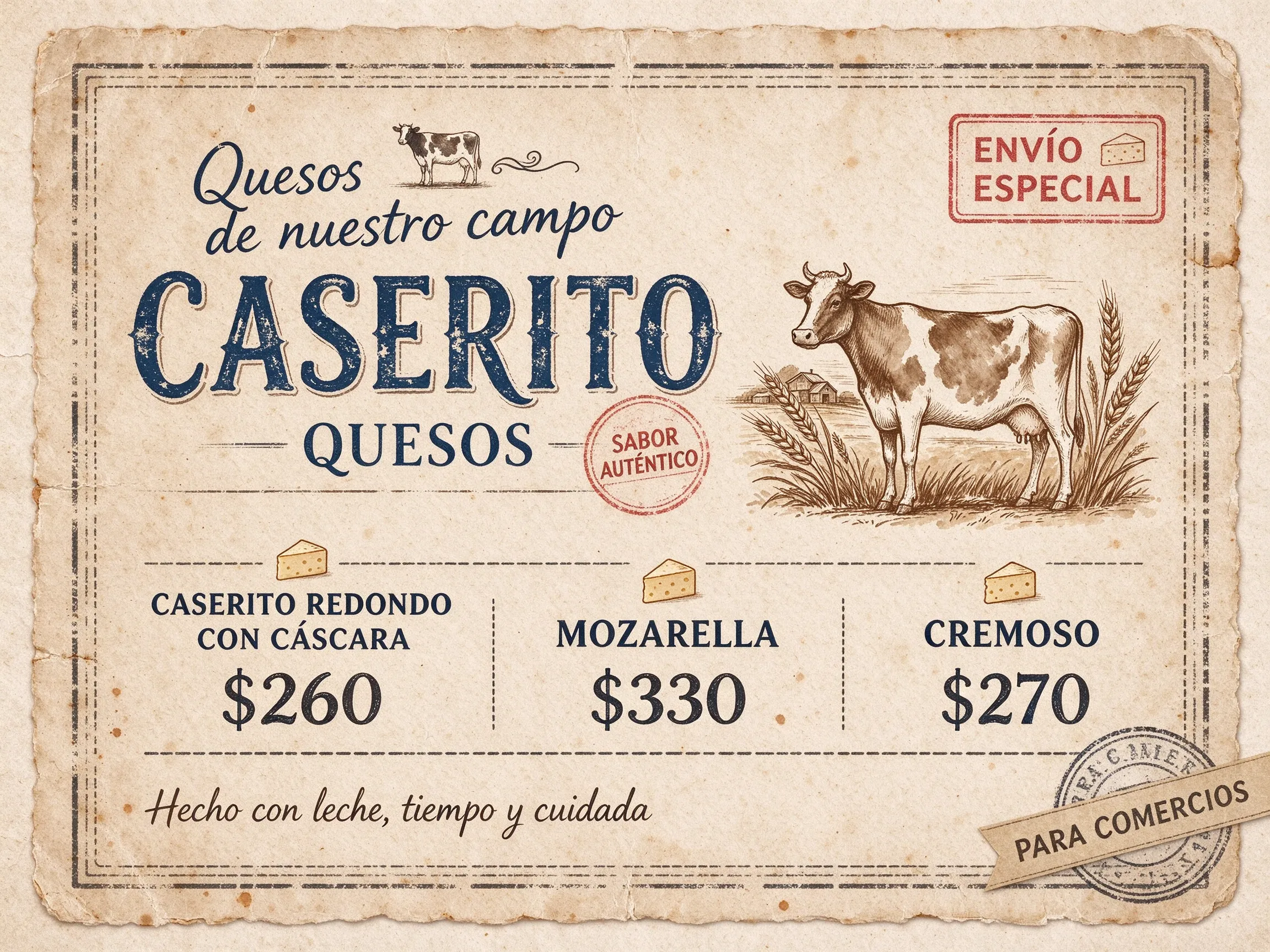 Quiero una tarjeta como para promocionar quesos para poder ofrecerse los a los comercios lo que quiero que ellos sepan es que CASERITO REDONDO CON Cáscara ESTA A $260 MOZARELLA $330 Y CREMOSO A $270
