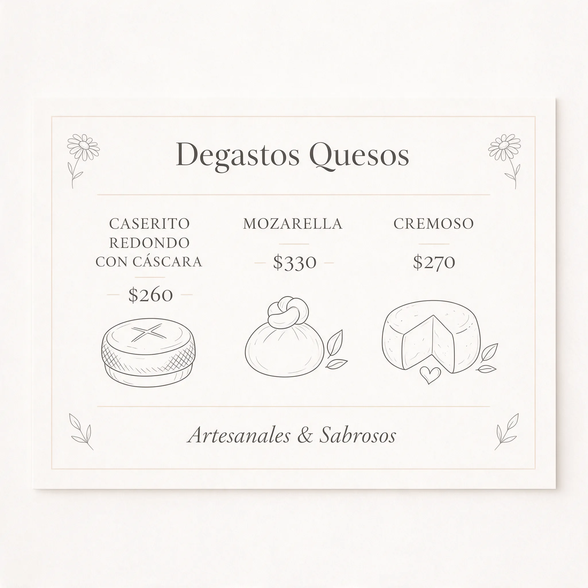 Quiero una tarjeta como para promocionar quesos para poder ofrecerse los a los comercios lo que quiero que ellos sepan es que el título es Degustos Quesos CASERITO REDONDO CON CÁSCARA $260 MOZARELLA $330 Y CREMOSO A $270
